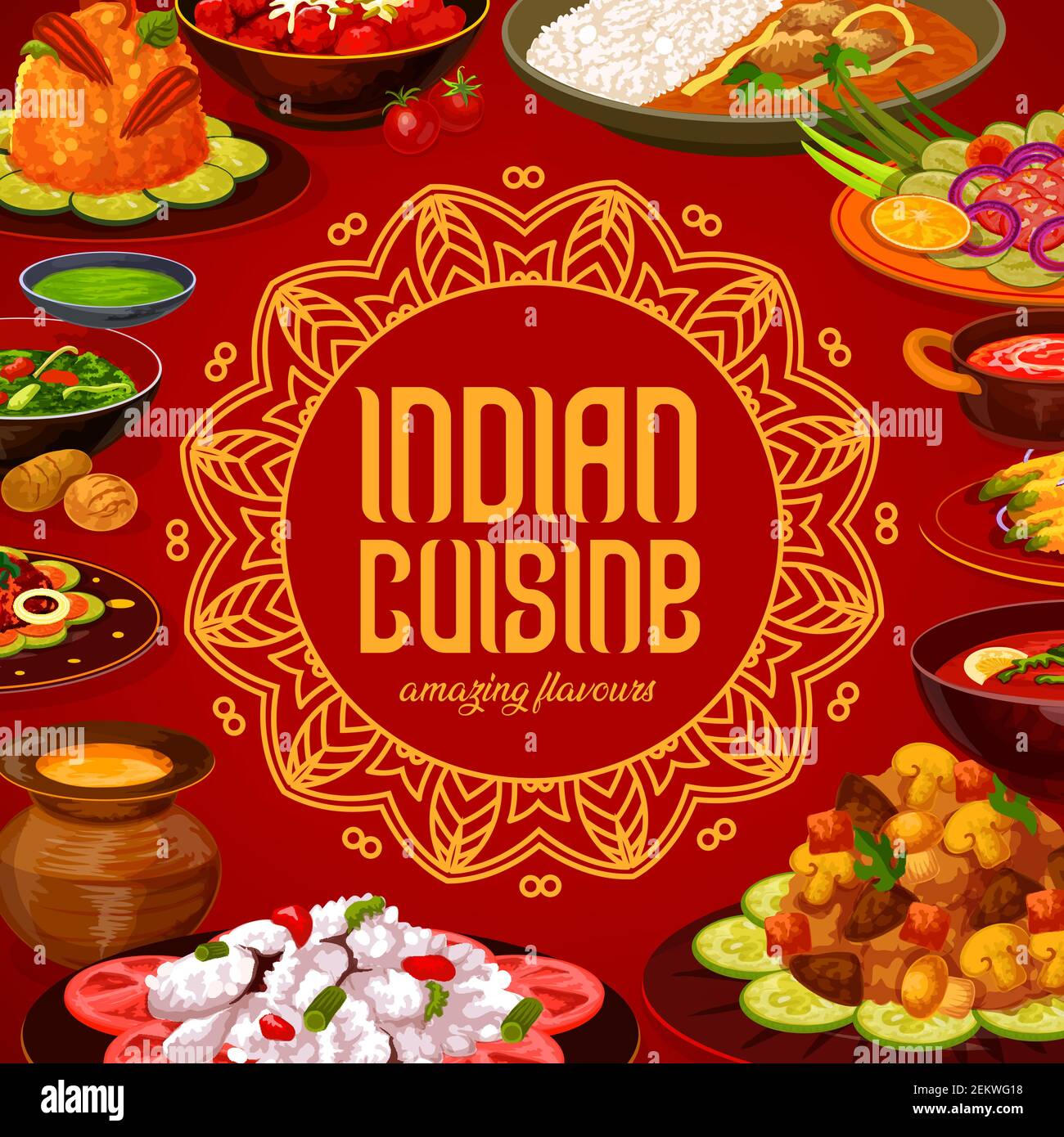 Indische Küche Food-Menü decken, traditionelle indische Restaurant-Gerichte. Vector Curry Reis, Gemüse und Fleisch Masala, Samosas und würzigen Mittagessen biryani wi Stock Vektor
