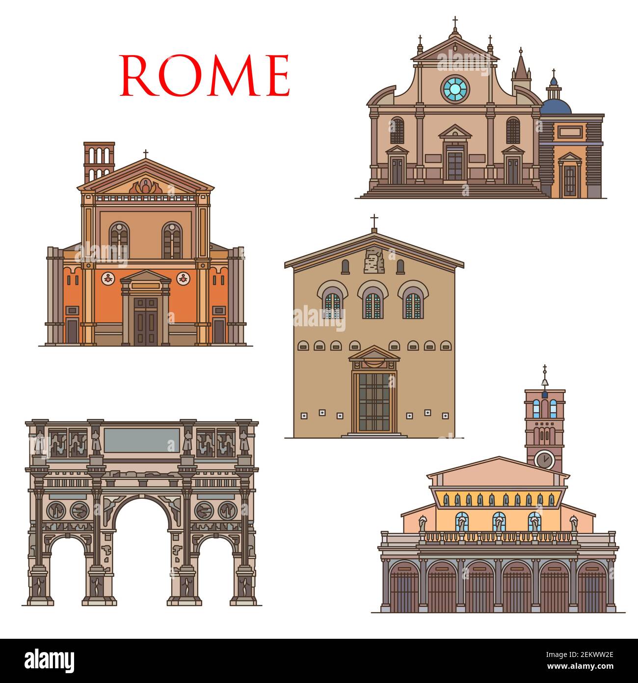 Rom Architektur Wahrzeichen, Italien berühmte historische Gebäude. Vector Basilica di Santa Prassede und Maria del Popolo, Santa Pudenziana, St Maria churc Stock Vektor