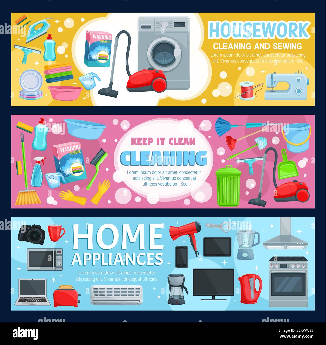 Housekeeping, Reinigung und Nähen, Haushaltsgerät. Vector waschen und Wäsche, Hausarbeiten Ausrüstung. Chemische Mittel und Staubsauger, Waschen und Stock Vektor