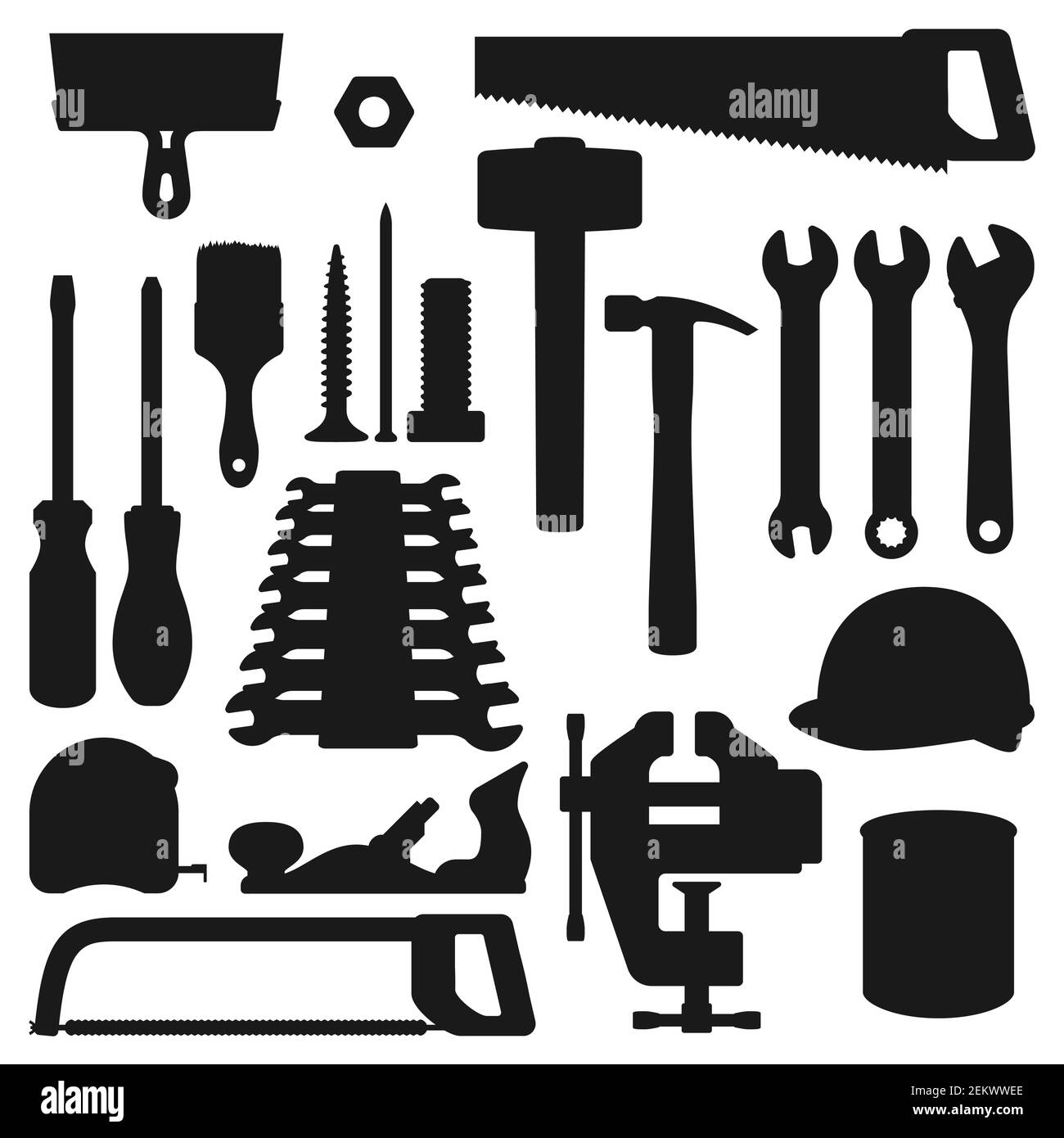 Arbeitswerkzeuge Silhouette Symbole, Hausreparatur, Renovierung und Umbau handliche Instrumente. Vector Holzarbeiten Zimmerei und Bauwerkzeuge, Hammer, Säge ein Stock Vektor