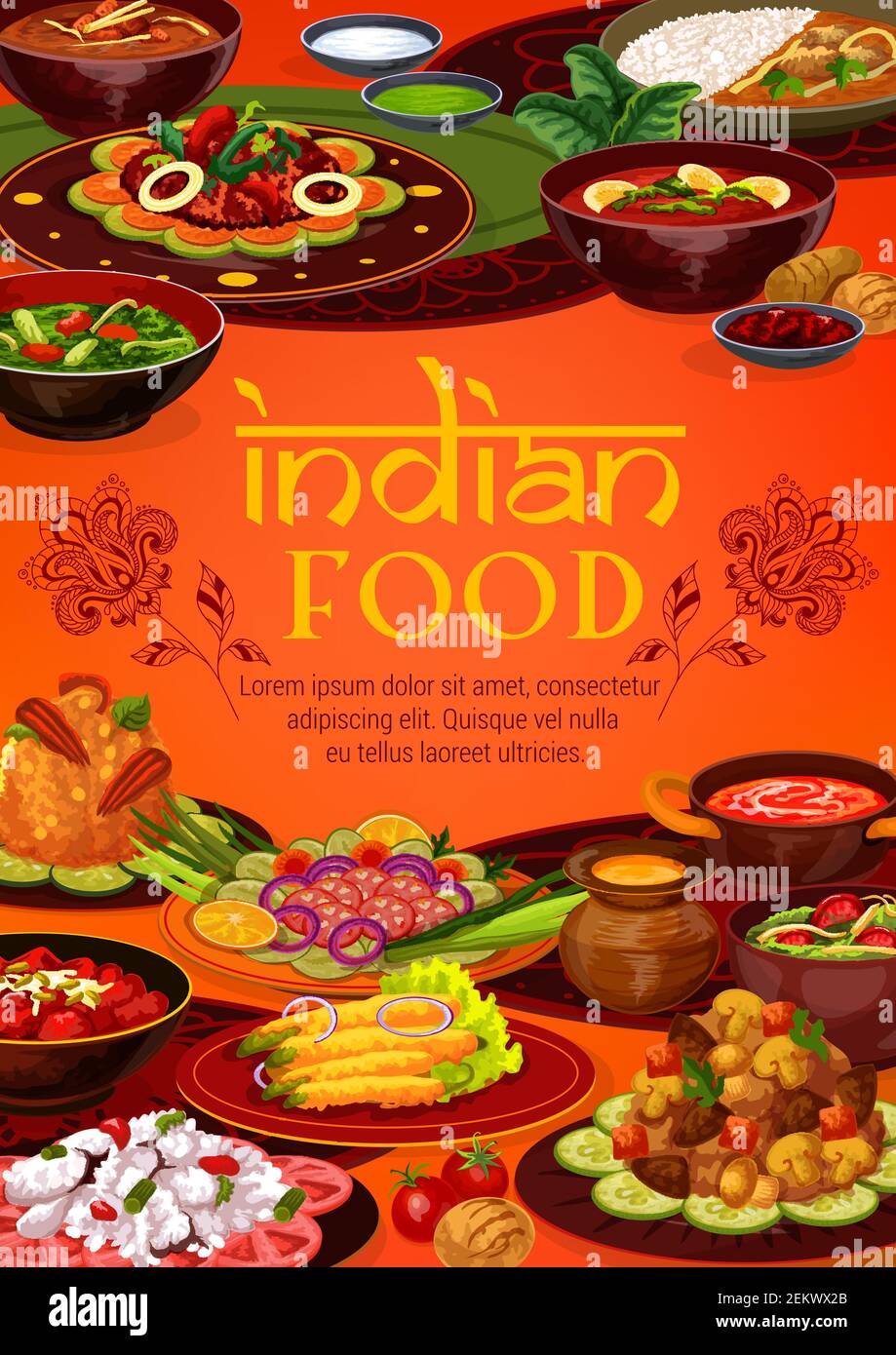 Indische authentische Küche, traditionelle indische Restaurant Essen Menü Abdeckung. Vector vegetarisches Gemüse, Curryreis und Tandoori Mahlzeiten, Fleisch und Fisch in Stock Vektor
