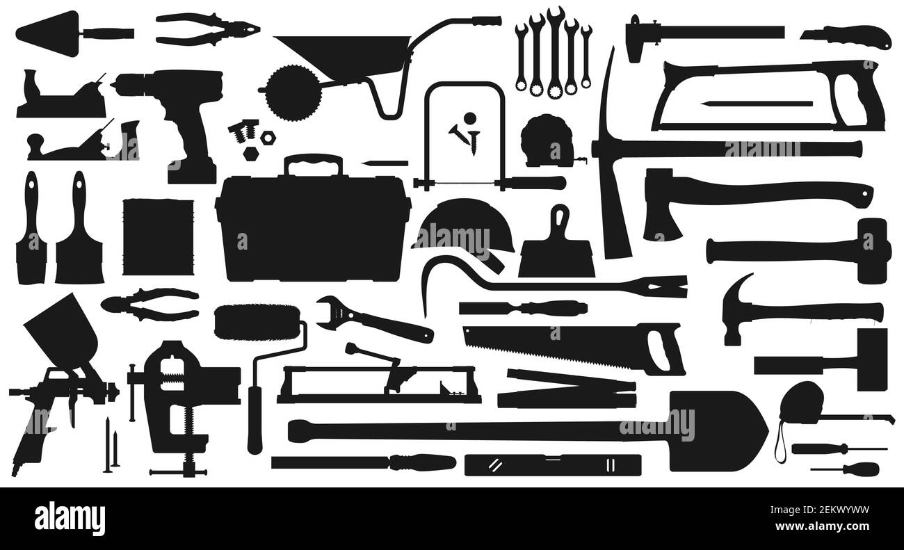 Reparatur, Gartenbau, Bergbau und Landwirtschaft Werkzeuge isoliert monochrome Symbole. Vector Schreinerei Artikel, Arbeitswerkzeug-Kit. Spaten und Schubkarre, Axt und Bohrer, sp Stock Vektor