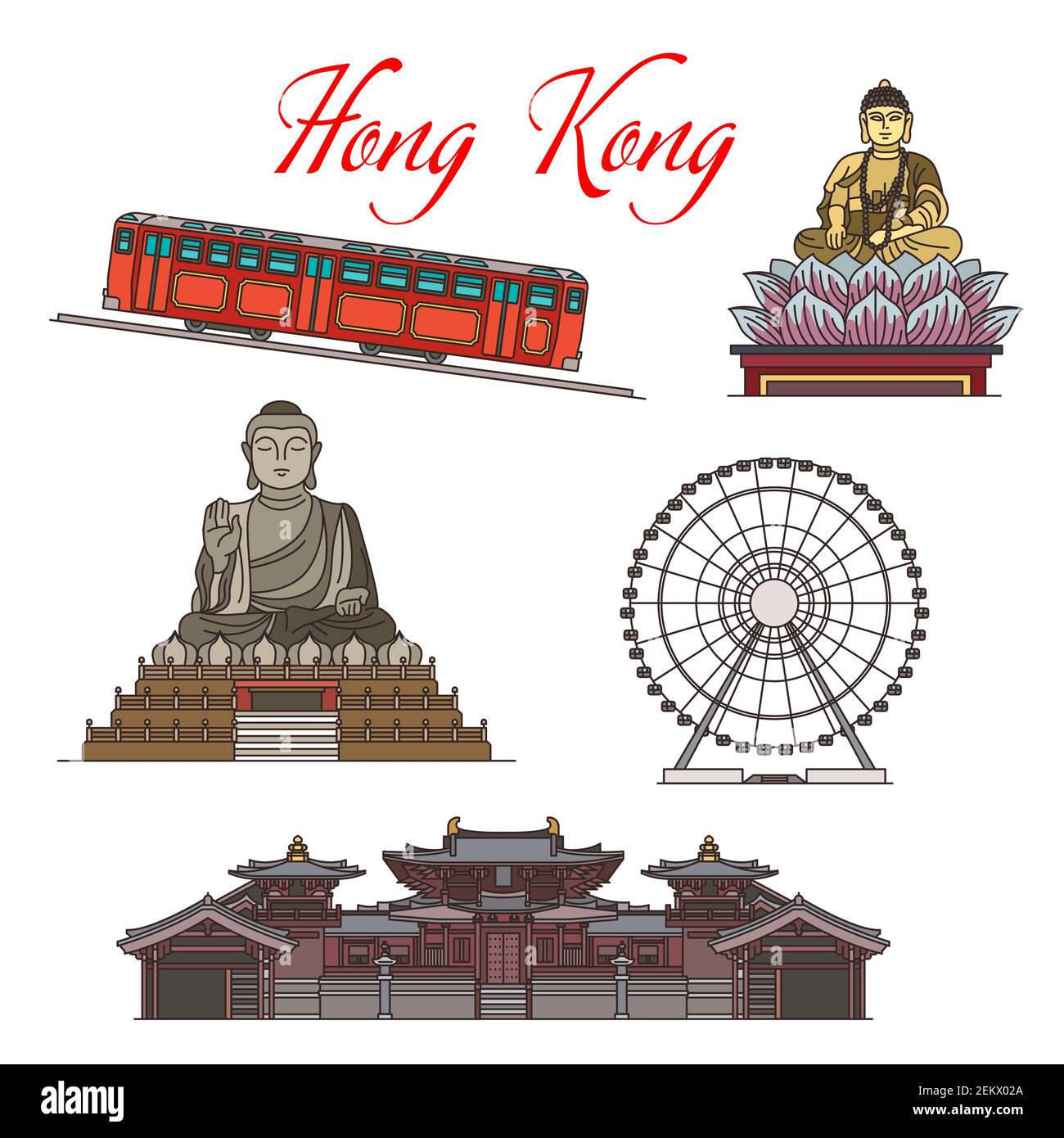 Hong Kong Reise Wahrzeichen Vektor Symbole Design. Der große Buddha des buddhistischen Tempels, Beobachtungsrad, Maitreya Hall im Chi Lin Nunnery, Peak Tram Funic Stock Vektor