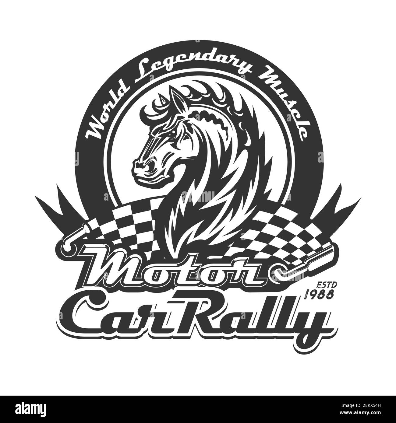 Wilder Mustang mit Rennflagge, flammender Mähne und Handschriftzug. Motorsport, Motocross oder Rallye. Autorennen oder Motorsport T-Shirt Druck Vektor-Design Stock Vektor