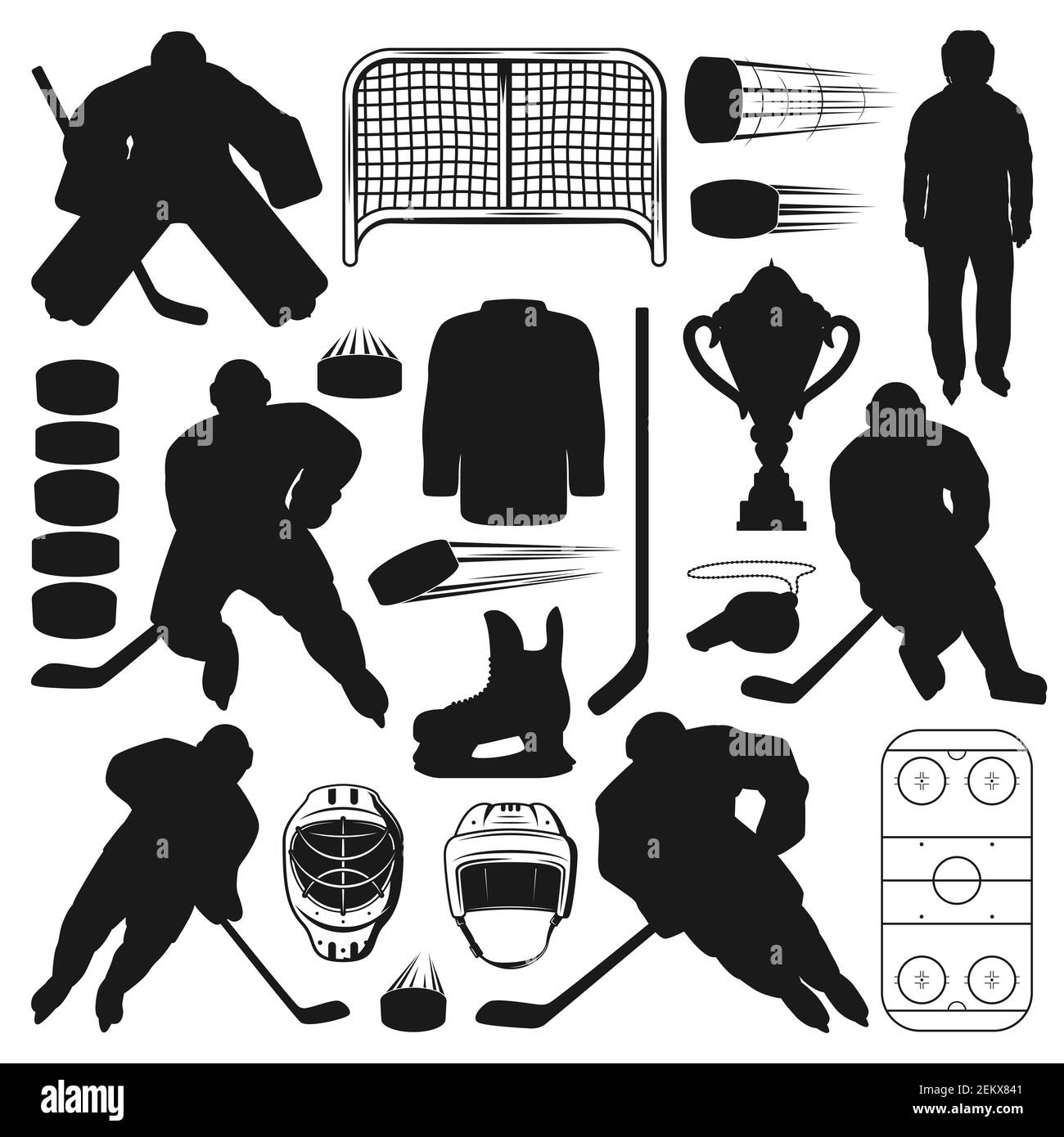 Eishockeyspieler und Sportgeräte isolierte Silhouetten. Vector Wintersport Spiel Symbole, Sticks und Pucks, Schiedsrichter und Tore. Männlich auf Schlittschuhe, un Stock Vektor