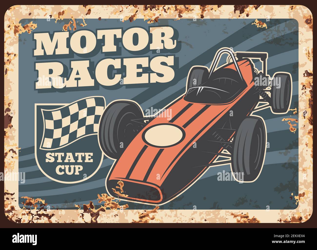 Motor Rennen rostigen Metallplatte, Vektor-Oldtimer und überprüft Rallye-Flagge Rost Zinn Zeichen. Meisterschaftsrennen, Rarität alter Transport Grand prix. Driv Stock Vektor