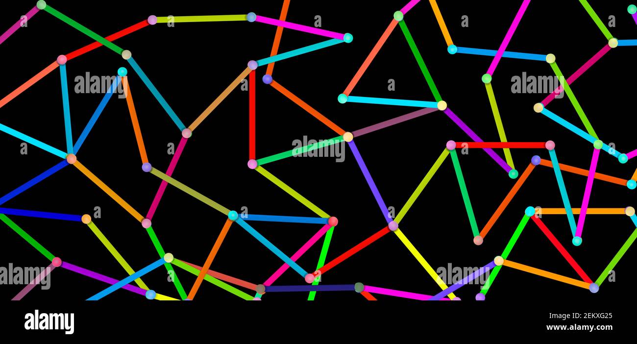 Globales Verbindungskonzept und Konzept der Netzwerkkommunikation. Illustriert durch mehrfarbige Linien mit Pin im dunkelgrauen Hintergrund. Konzeptionelle Zusammenfassung Stockfoto