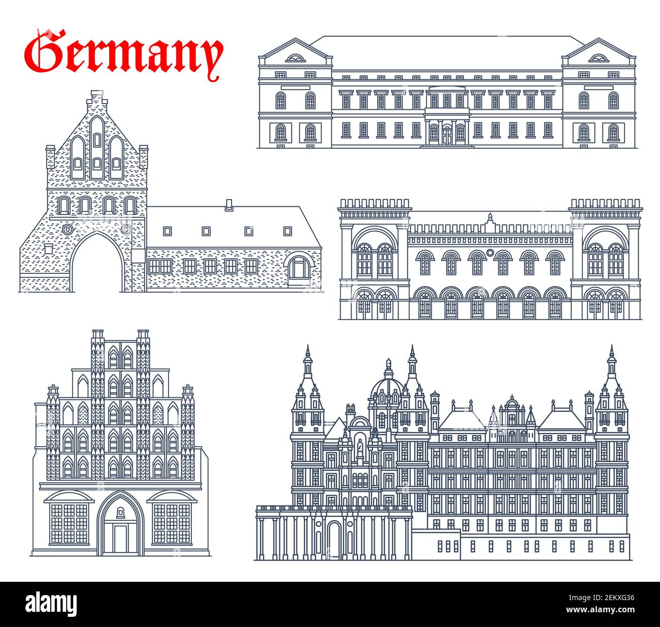 Deutschland Wahrzeichen Gebäude Ikonen, Dom Kirchenarchitektur von Mecklenburg Vorpommern Städte, Vektor. Deutsches Wahrzeichen Schwerin rathaus, Wismar cas Stock Vektor