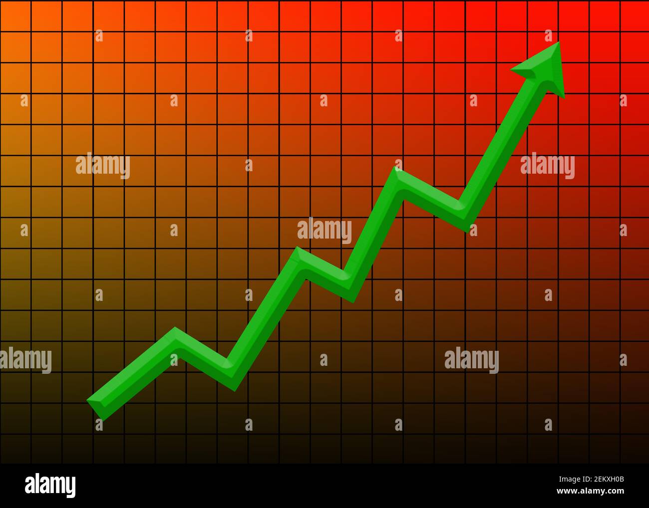 Steigender Graph Grüner Pfeil in rotem Raster Farbverlauf Hintergrund, Börsen- und Geschäftswachstumskonzept Stockfoto