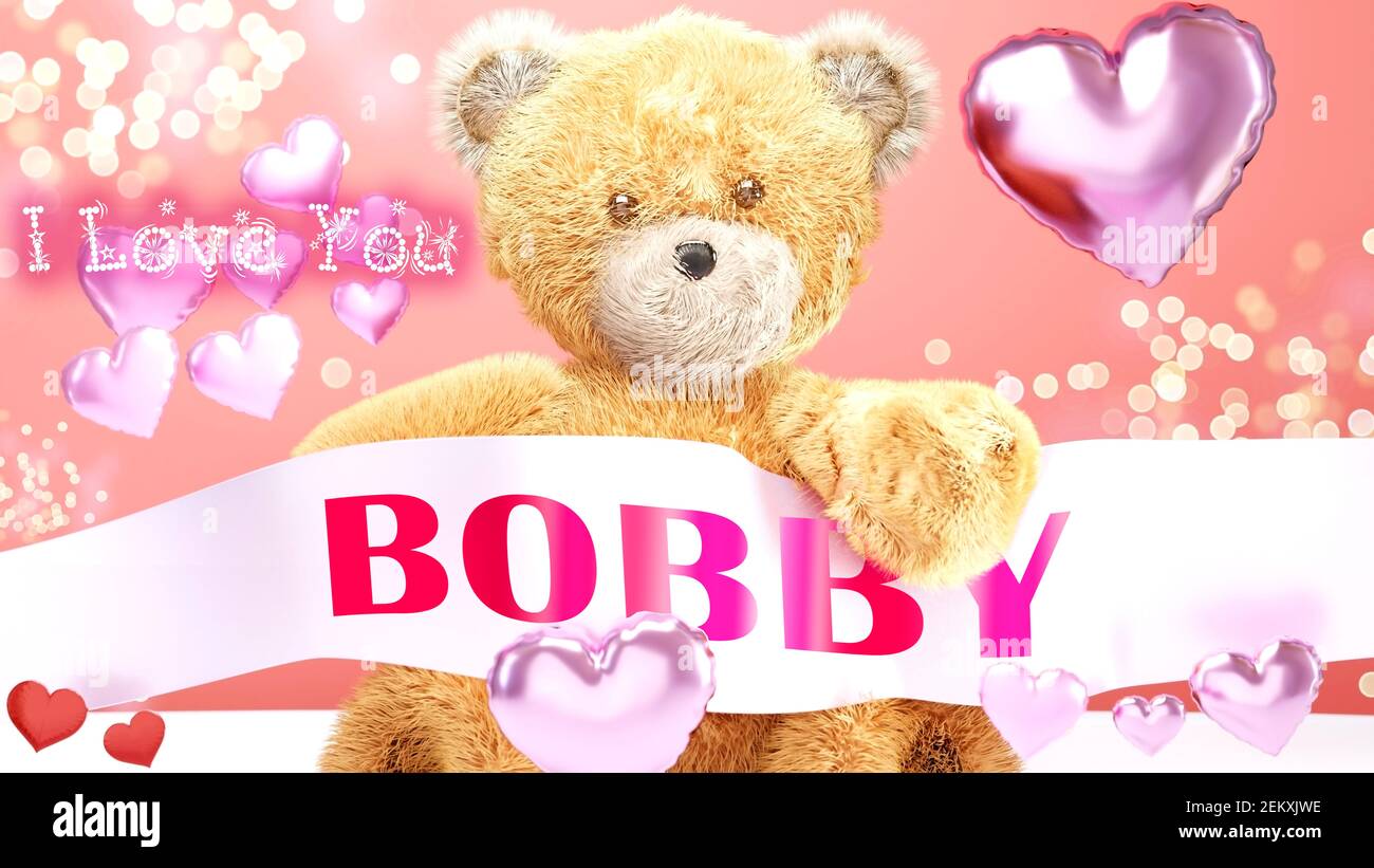 Ich liebe dich Bobby - süß und süß Teddybär auf einer Hochzeit, Valentinstag oder einfach nur zu sagen, ich liebe dich rosa Feierkarte, fröhlich, glücklich Party-Stil mit Stockfoto