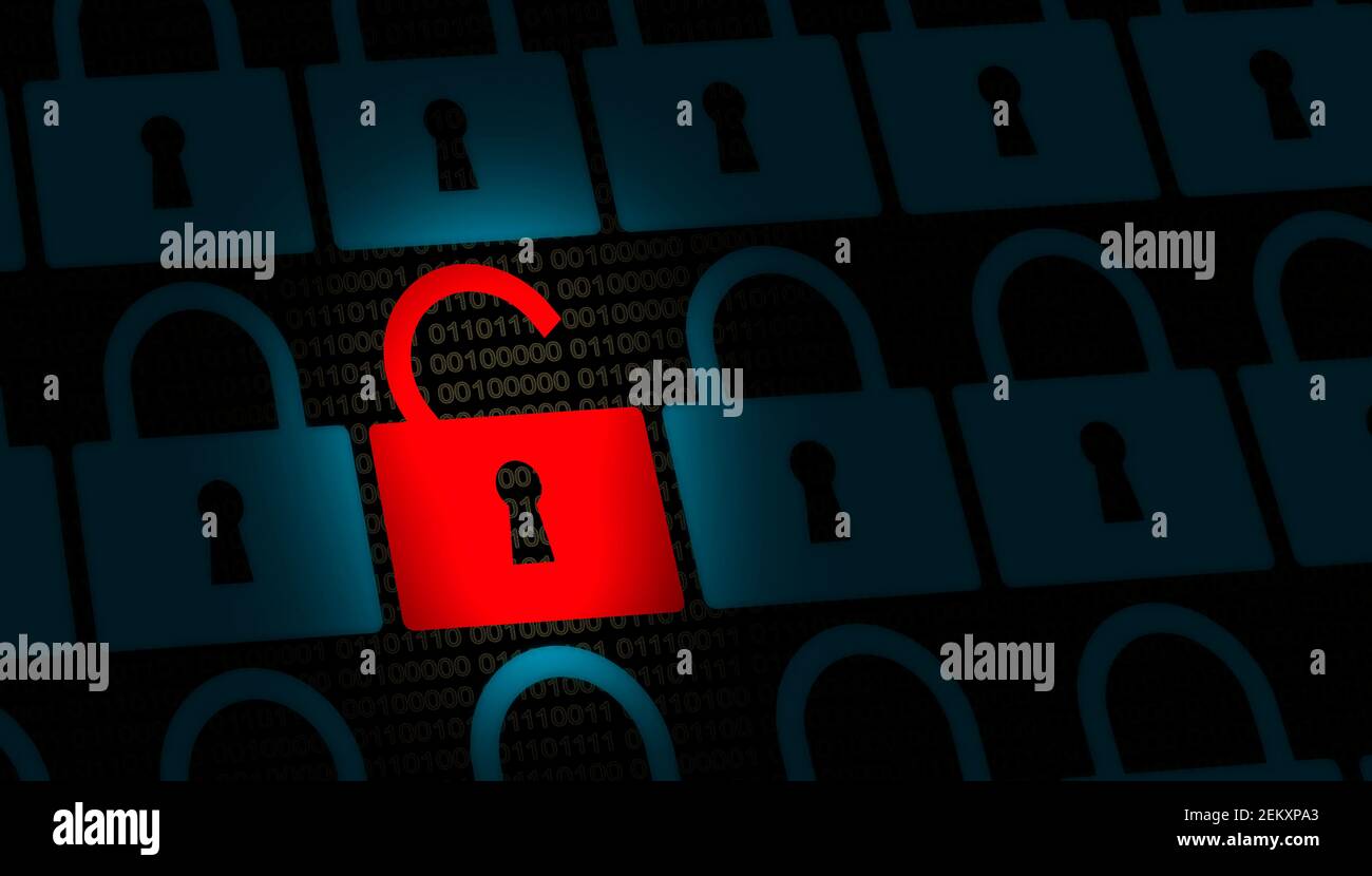 abstrakter Hintergrund für die internetsicherheit, Abbildung mit rot erkannter Sperre (Malware) und blauen sauberen Schlössern im 01 Cyberspace-Hintergrund Stockfoto