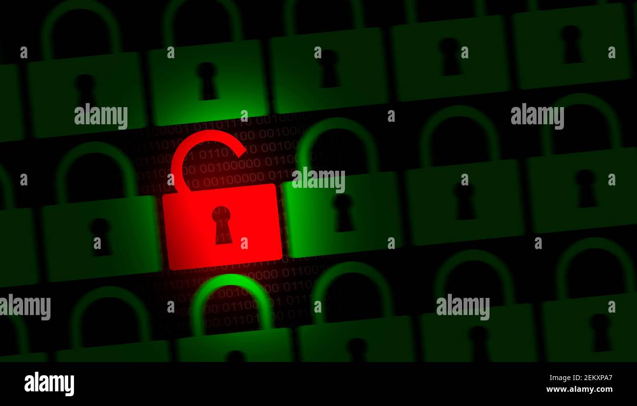 Virus entdeckt Internet Security Lock Konzept. 01 Hintergrund, System-Hacking und Malware erkannt. Rote entsperren und grüne Sperren Stockfoto