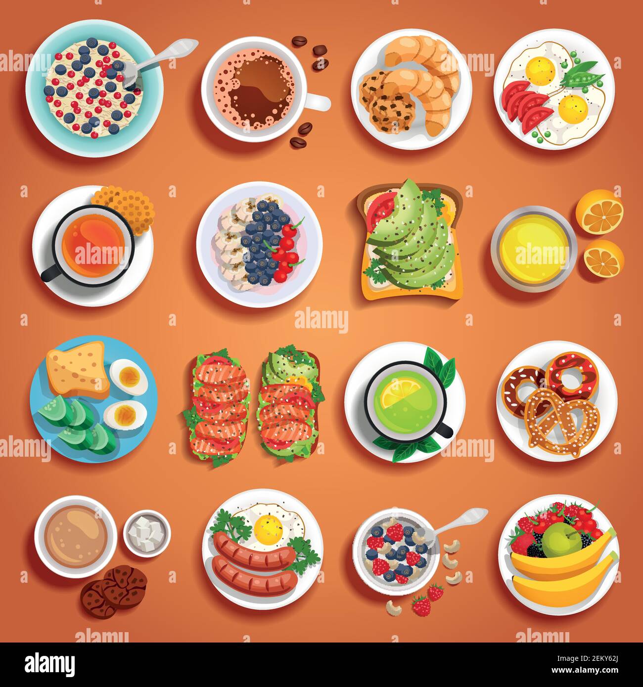 Farbenfrohe Frühstückgerichte auf orangefarbenem Hintergrund mit Obstteig Bäckerei Rührei gekochte Eier Sandwiches auf Platten unterschiedlicher Größe vektorillus Stock Vektor