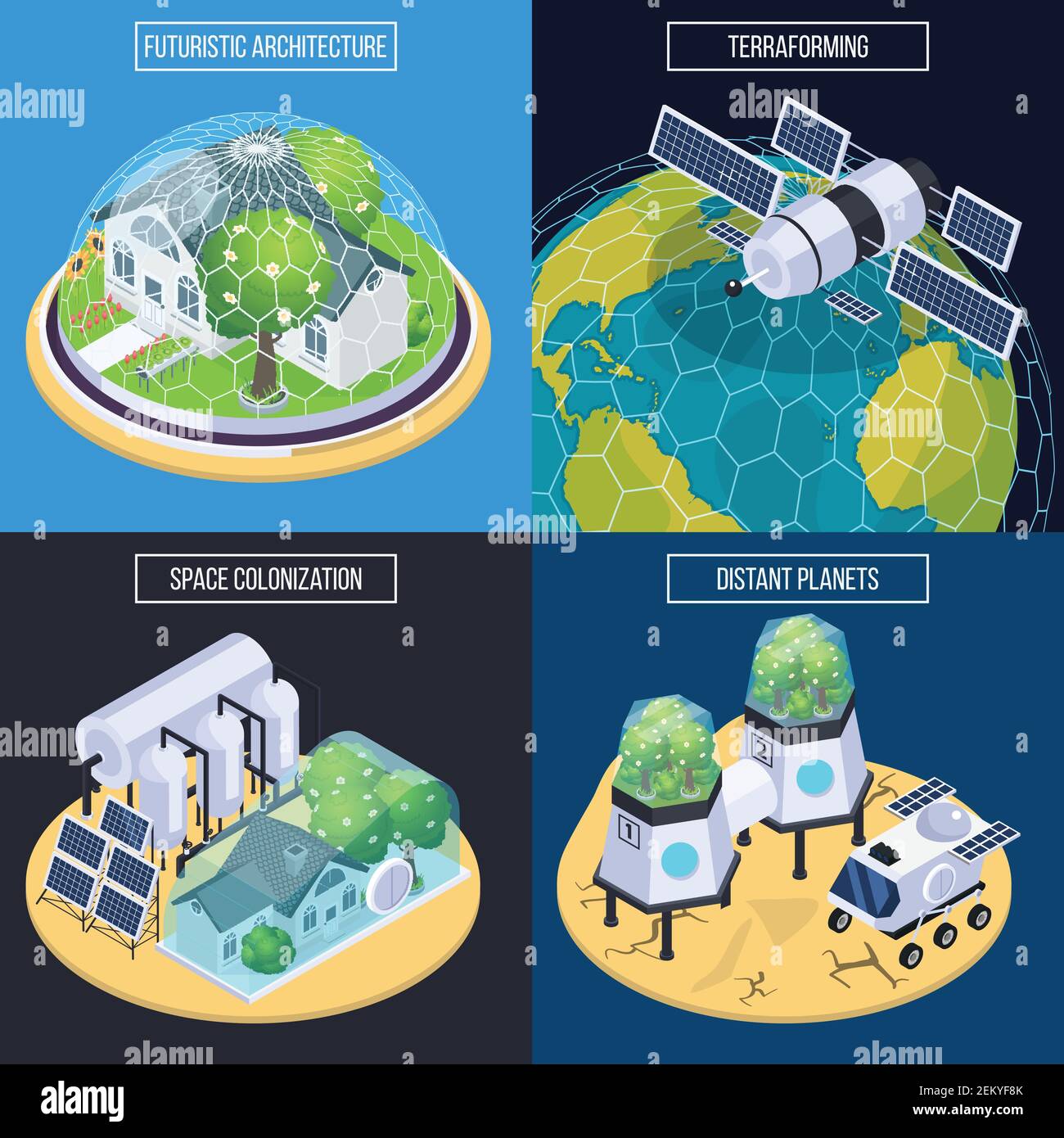 Raum Kolonisation Terraforming isometrisches 2x2 Designkonzept mit konzeptuellen Bildern Von Raumfahrzeugen und Bodenmodulen Vektordarstellung Stock Vektor