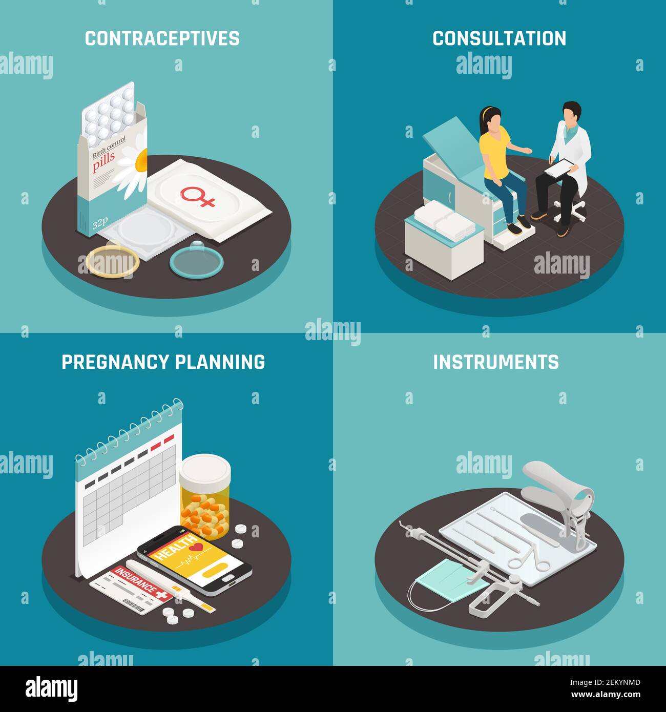 Gynäkologie Instrumente Verhütungsmittel Werkzeuge für die Schwangerschaftsplanung isometrisches 2x2 Design Konzept isoliert auf bunten Hintergrund 3D Vektor-Illustration Stock Vektor