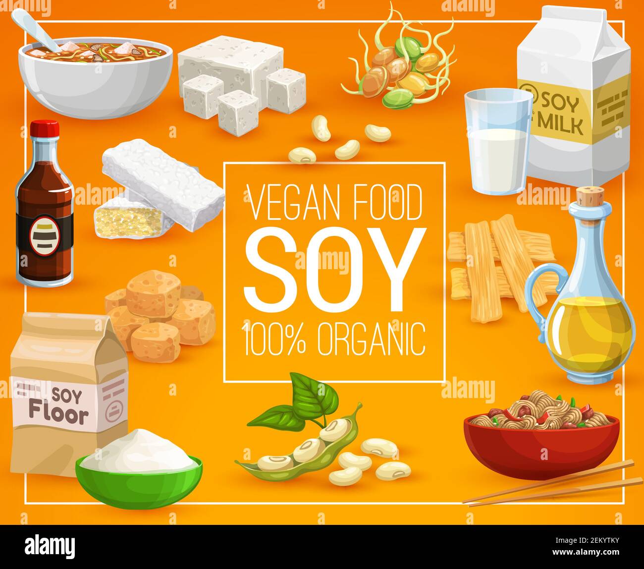 Soja-Lebensmittel, gesunde Ernährung und vegane Ernährung. Vector Bio 100  Prozent natürliche Soja-Lebensmittel, Sojabohnen Sprossen, Milch, Öl und  Butter oder Mehl, t Stock-Vektorgrafik - Alamy