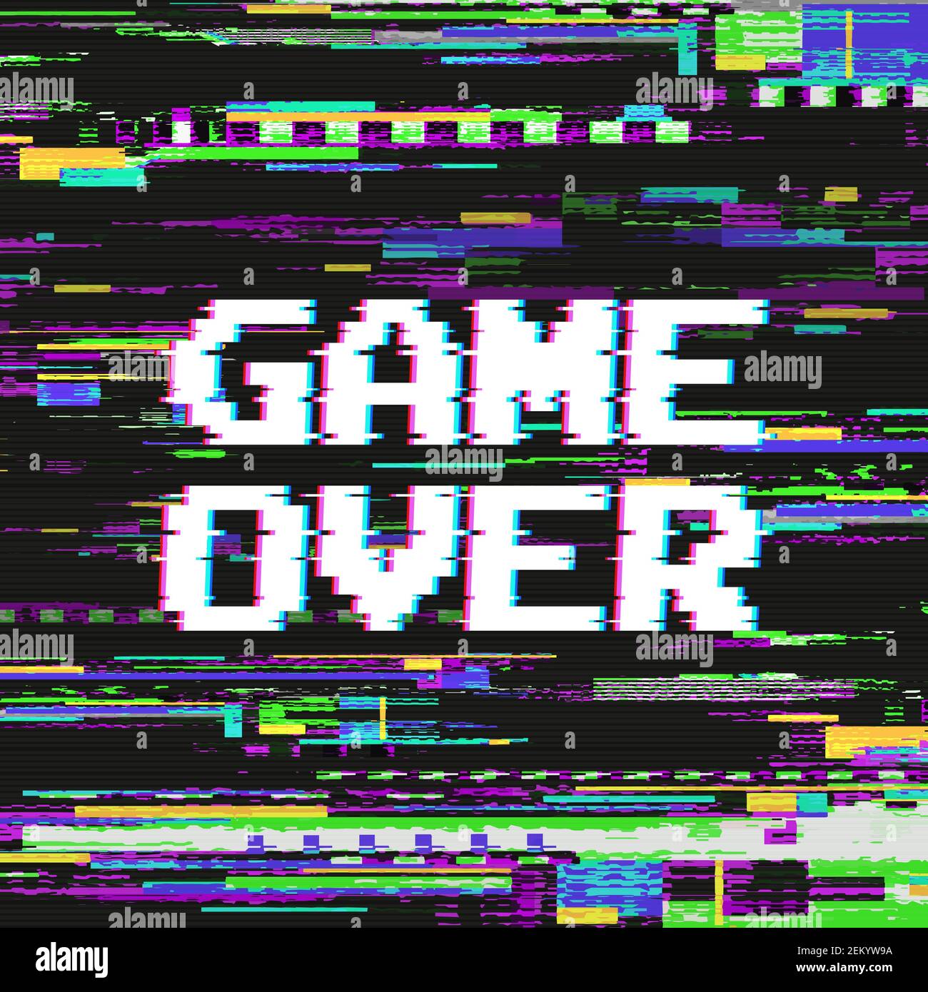 Spiel über Text auf Videospiel-Bildschirm mit Glitch-Effekt Auf farbiger Vektorgrafik mit verzerrtem Hintergrund Stock Vektor