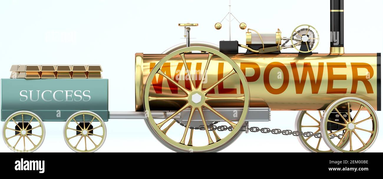 Willenskraft und Erfolg - symbolisiert durch ein Dampfauto ziehen Ein Erfolgswagen mit Goldbarren geladen, um das zu zeigen Willenskraft ist wesentlich für Wohlstand und Stockfoto