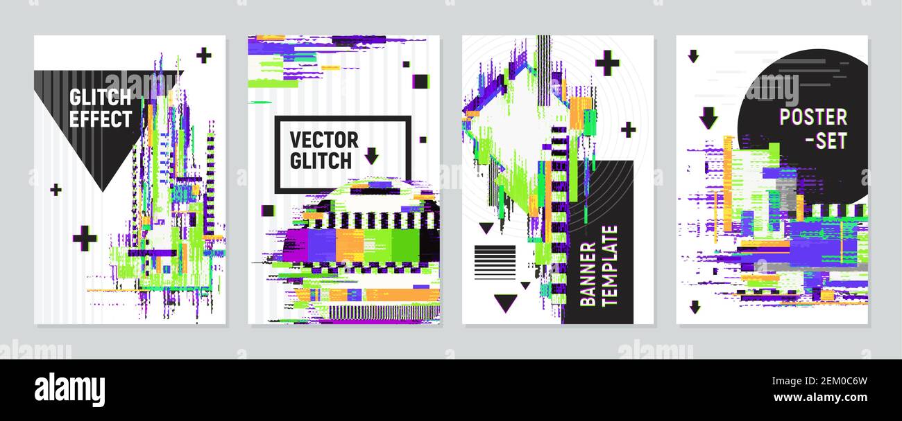Satz von vier Plakaten mit Glitch-Effekt imitieren Mängel Darstellung des flachen Vektorgrafikes des Signals auf dem Bildschirm Stock Vektor