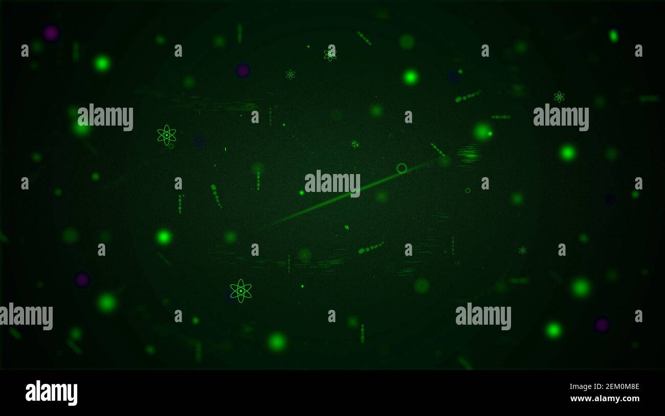 Wissenschaft grün abstrakt mit leuchtend grünen Staubteilchen, glühenden Punkten und dynamischen Linien, globalen Kosmos Hintergrund Konzept, dynamische Teilchen Stockfoto