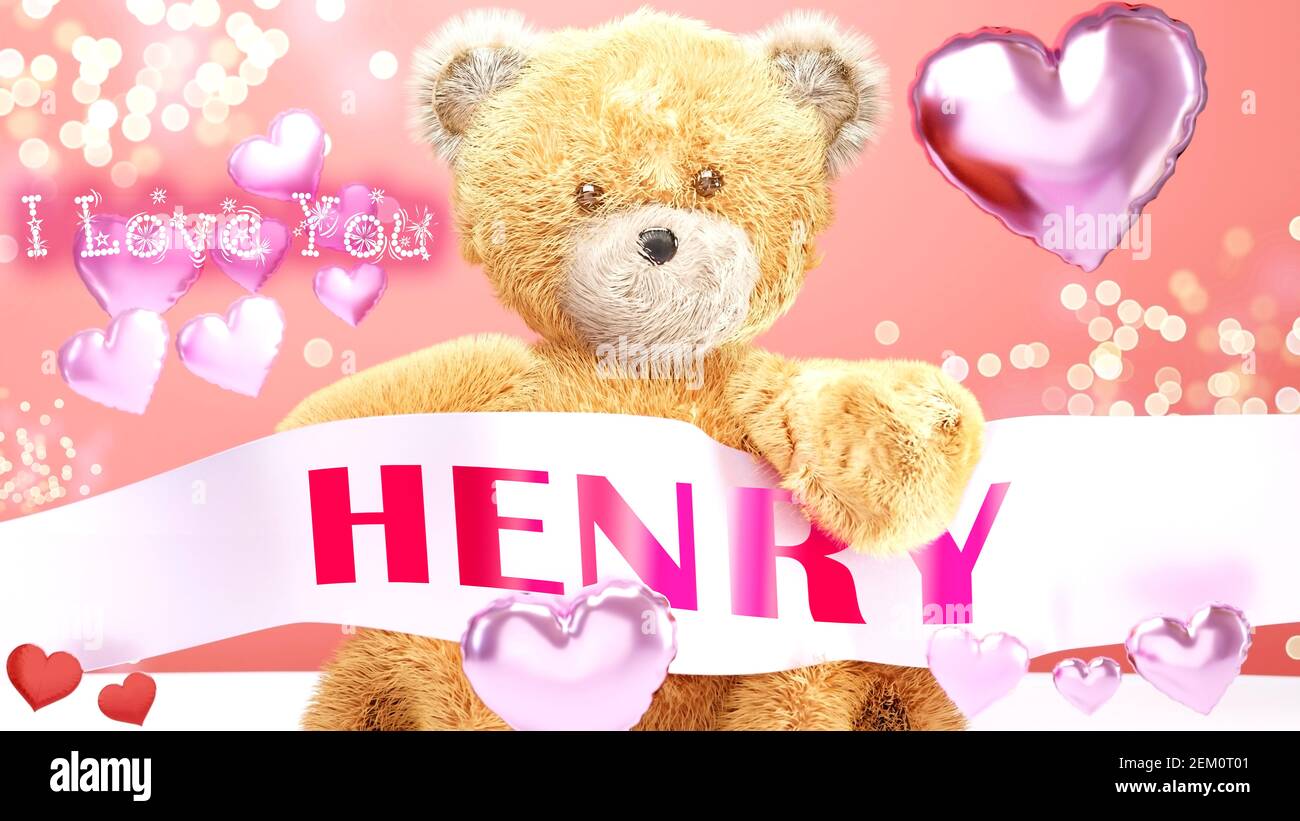 Ich liebe dich Henry - süß und süß Teddybär auf einer Hochzeit, Valentinstag oder einfach nur zu sagen, ich liebe dich rosa Feierkarte, fröhlich, glücklich Party-Stil mit Stockfoto
