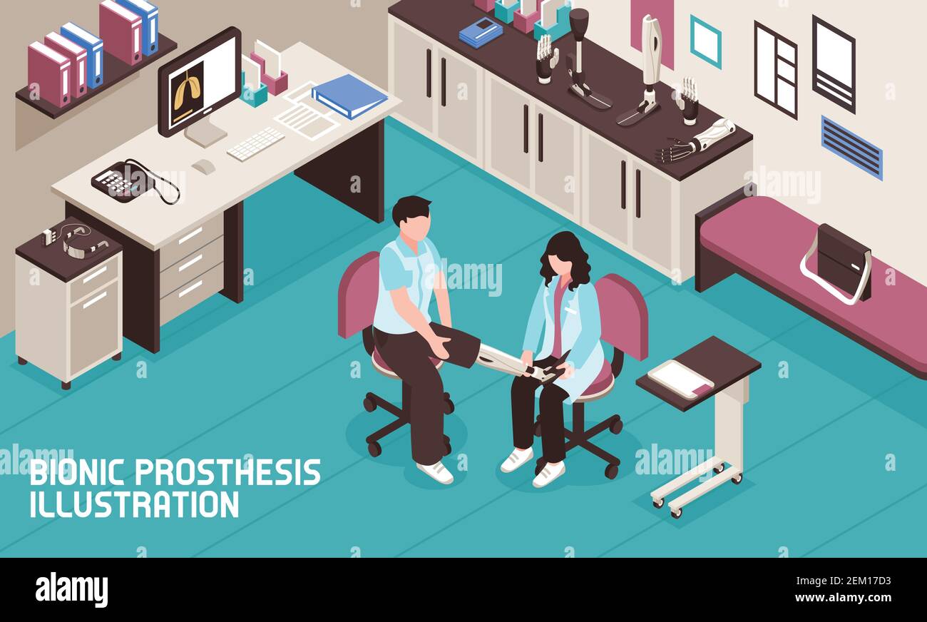 Bionic Prothese isometrische Illustration mit männlichen Patienten erhalten Gehirn gesteuert Bein in Ärzte Büro Vektor-Illustration Stock Vektor