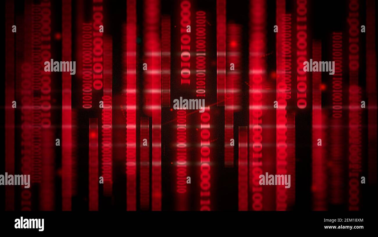 Computertechnik Hintergrundkonzept, virtuelle Zahlen 0 und 1 Codes in rotem Hintergrund, scrollende Zahlen Bewegung und Bewegungsunschärfe. Stockfoto