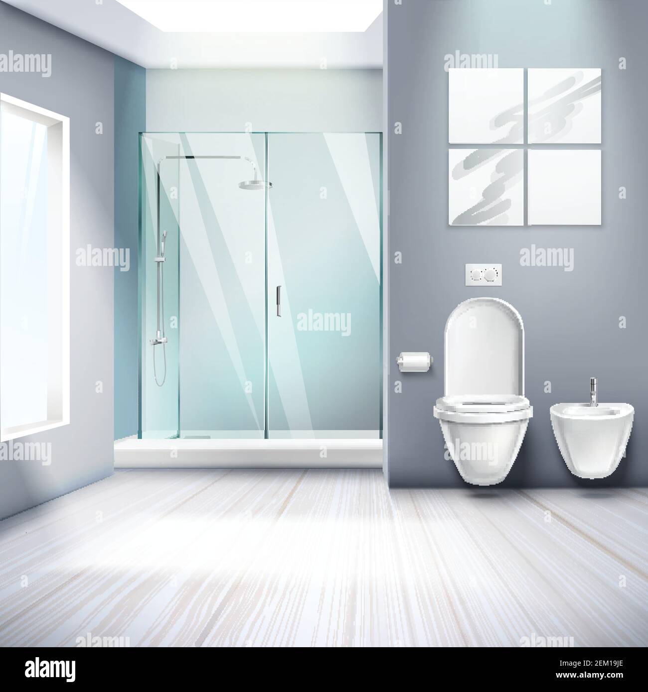 Einfache Badezimmer Interieur realistische Zusammensetzung mit Dusche Kabine Toilette und Bidet 3D Elemente Vektorgrafik Stock Vektor