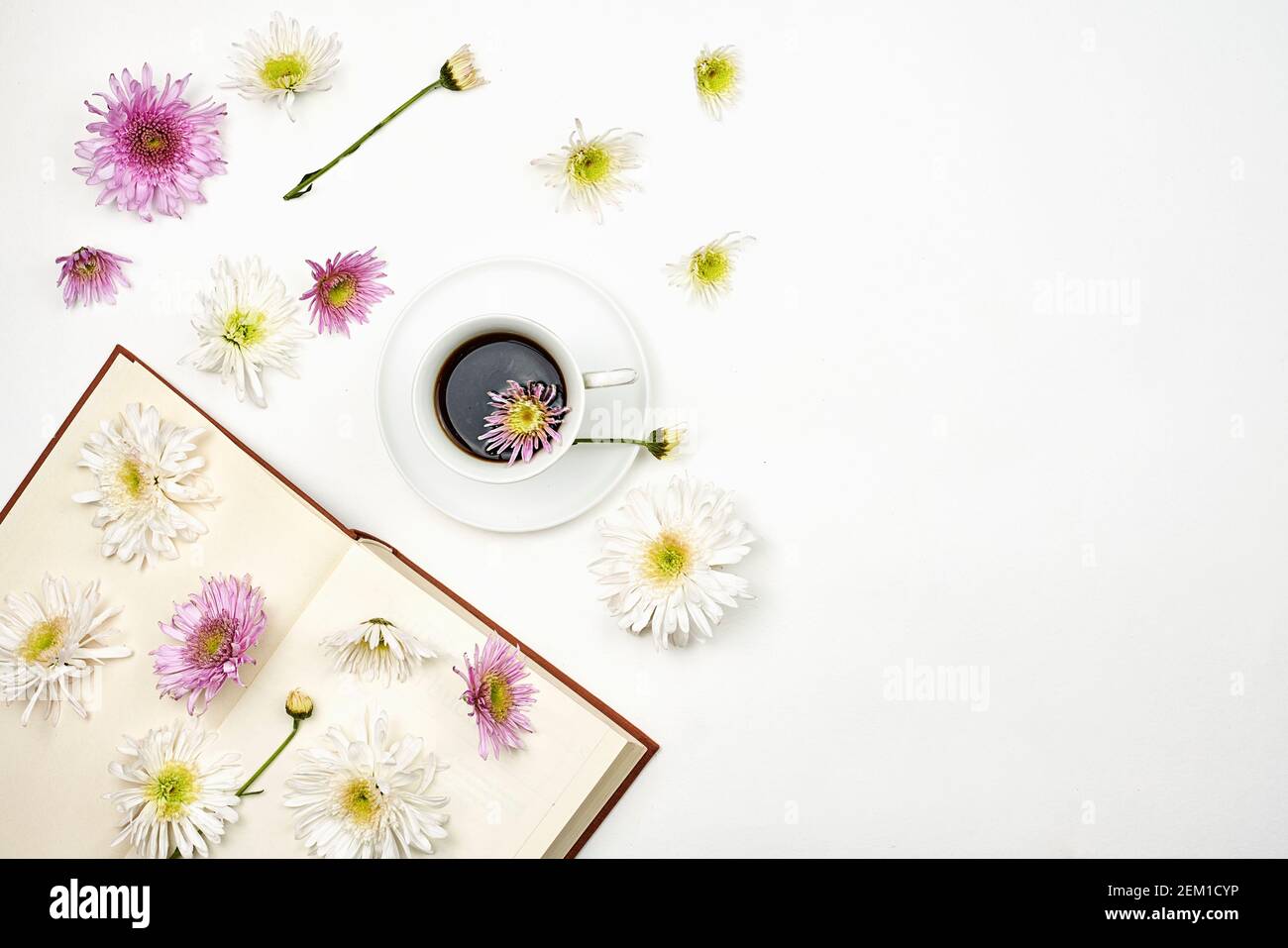 Lesen eines Buches im Frühjahr. Ein Buch mit frischen Frühlingsblumen und einer Tasse Kaffee. Gemütlicher Morgen mit erfrischendem schwarzen Kaffee und einem interessanten Buch Stockfoto