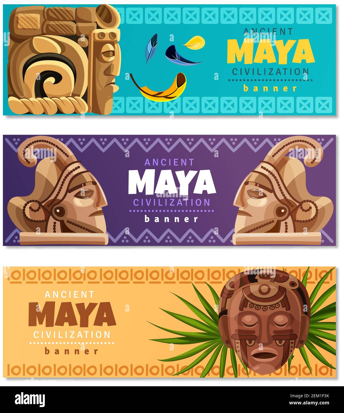 Horizontale Banner der Maya-Zivilisation mit Symbolen der traditionellen maya-Kultur Geschichte und Religion isoliert Vektor Illustration Stock Vektor