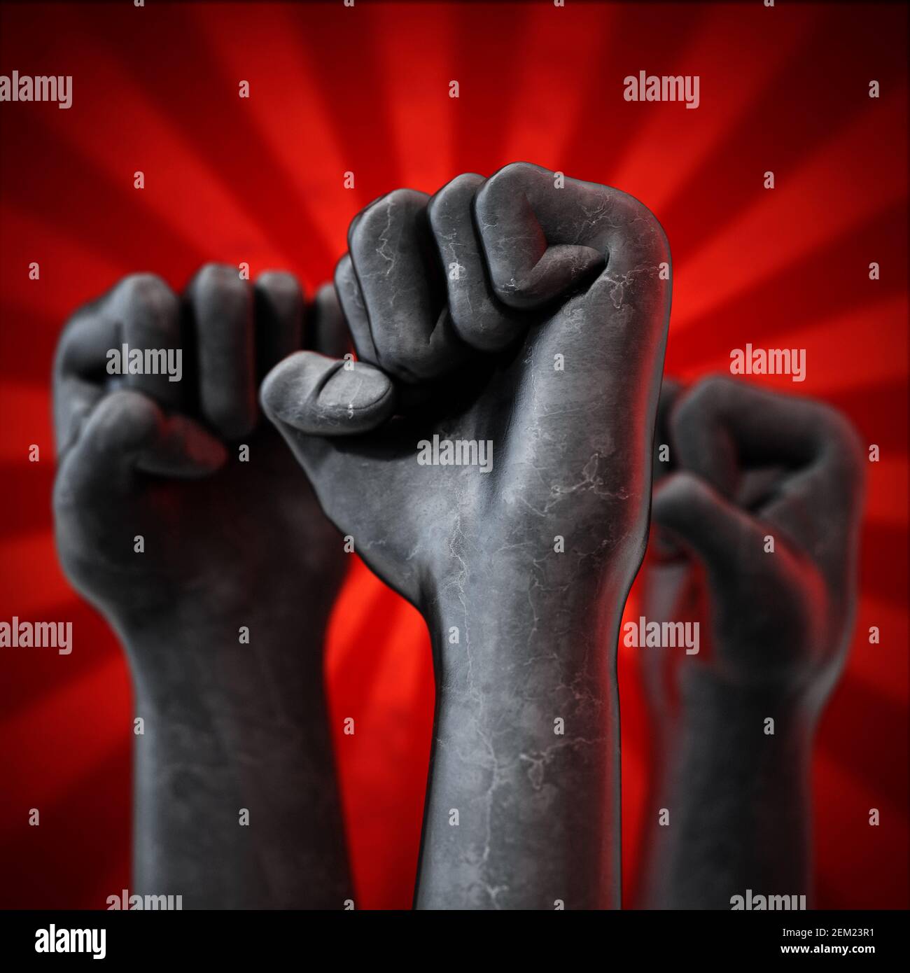 Schwarze Fäuste auf rotem Hintergrund. Diversity-Konzept. 3D Abbildung. Stockfoto