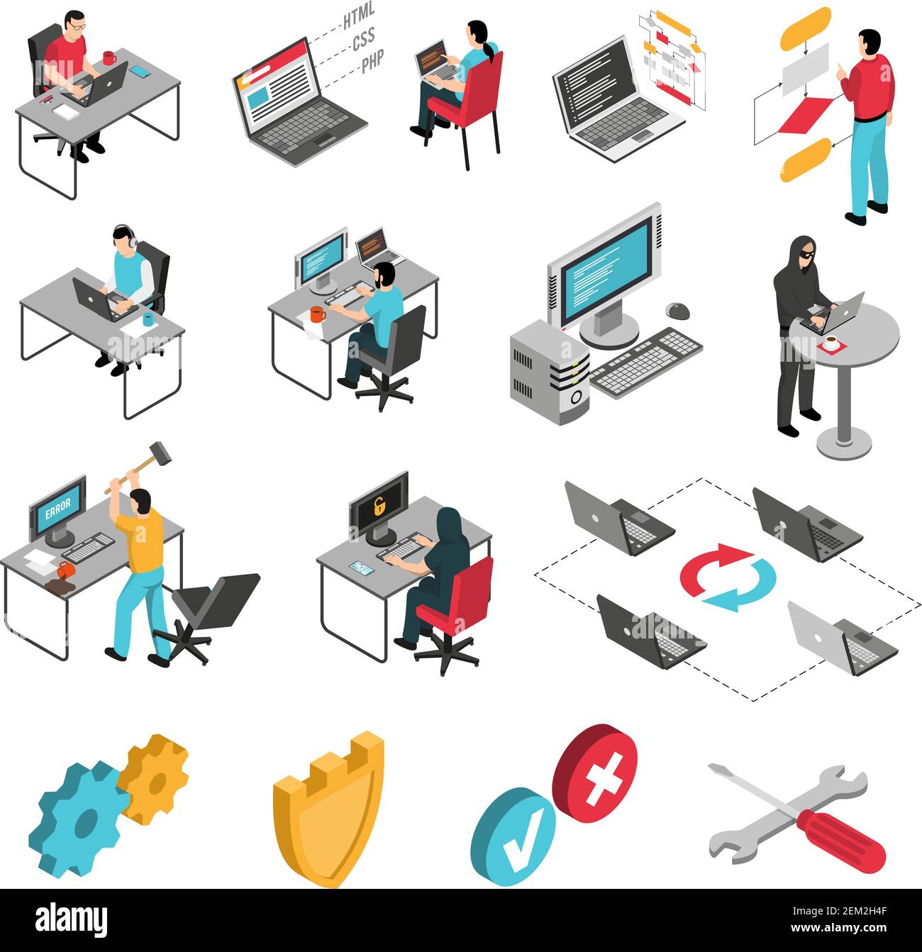 Programmierer Software-Entwickler isometrische Symbole Sammlung mit Block-Diagramm-Code Beispiele und Schutz vor Hackern Vektordarstellung Stock Vektor