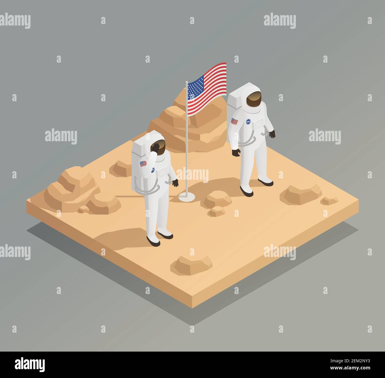 Amerikanische Weltraumexplorationsmission isometrische Zusammensetzung mit Astronauten in Raumanzügen Auf Planetenoberfläche mit Flaggenvektordarstellung Stock Vektor