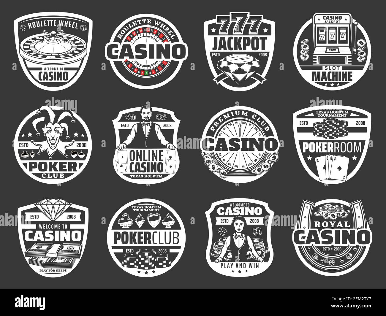 Casino Poker Spiel, Roulette Jackpot Geldgewinn, goldene Münzen Splash. Vektor Online Casino Glücksspiel Spiel und Glücksrad Glückliche Spielautomat, spielen Stock Vektor