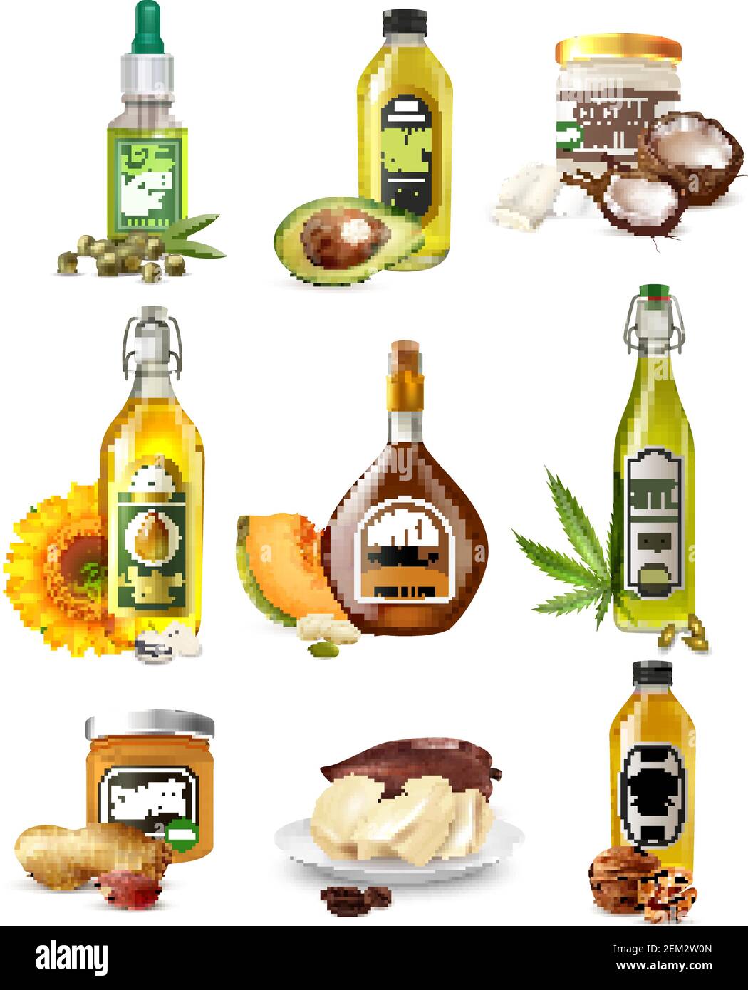 Set von realistischen pflanzlichen Ölen aus Samen, Nüsse und Früchte in Flaschen und Gläser isoliert Vektor-Illustration Stock Vektor