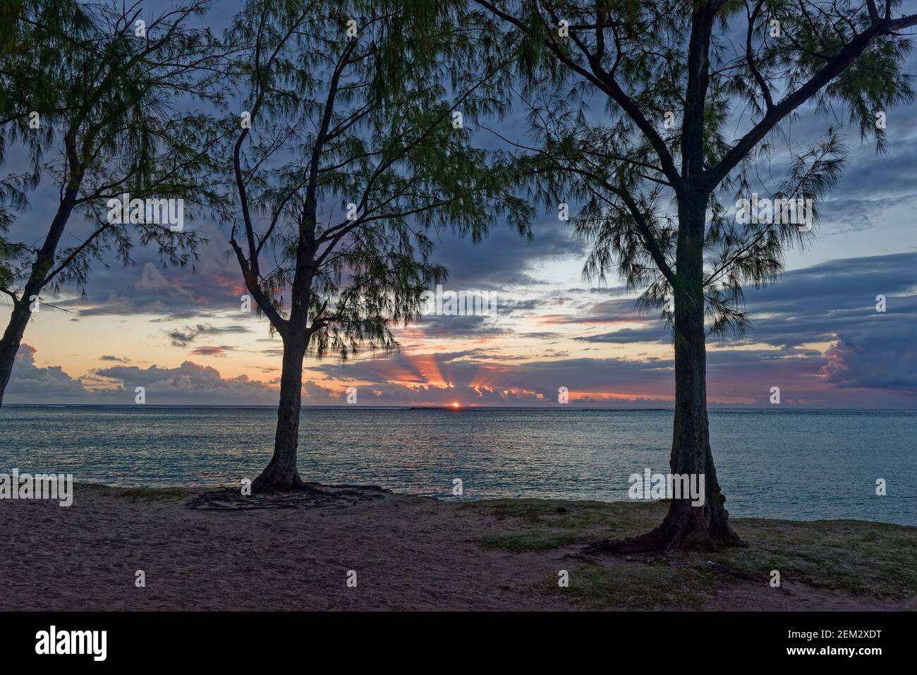 Le Morne Beach auf der Insel Mauritius bei Sonnenuntergang am Summers-Abend, mit der Sonne geht unter durch die Bäume hinter dem Strand. Stockfoto