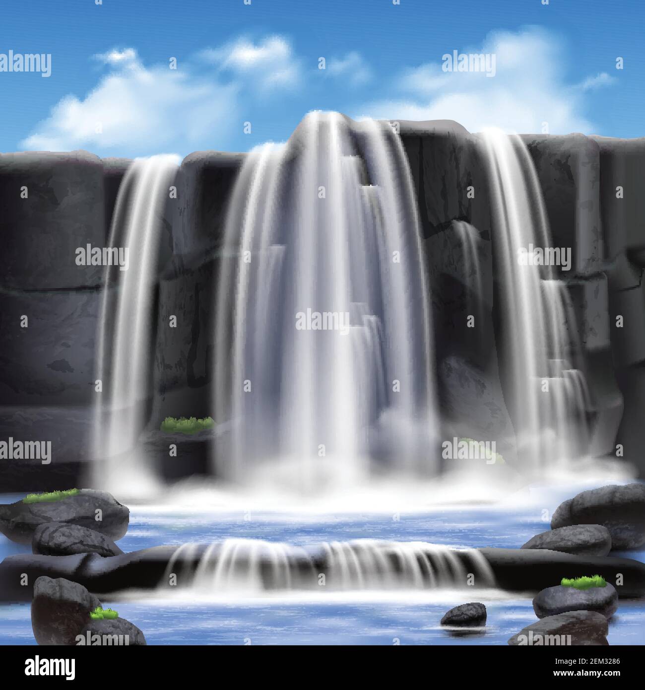 Wasserfall und Felsen Landschaft realistische Hintergrund mit schönen Natur Vektor Abbildung Stock Vektor