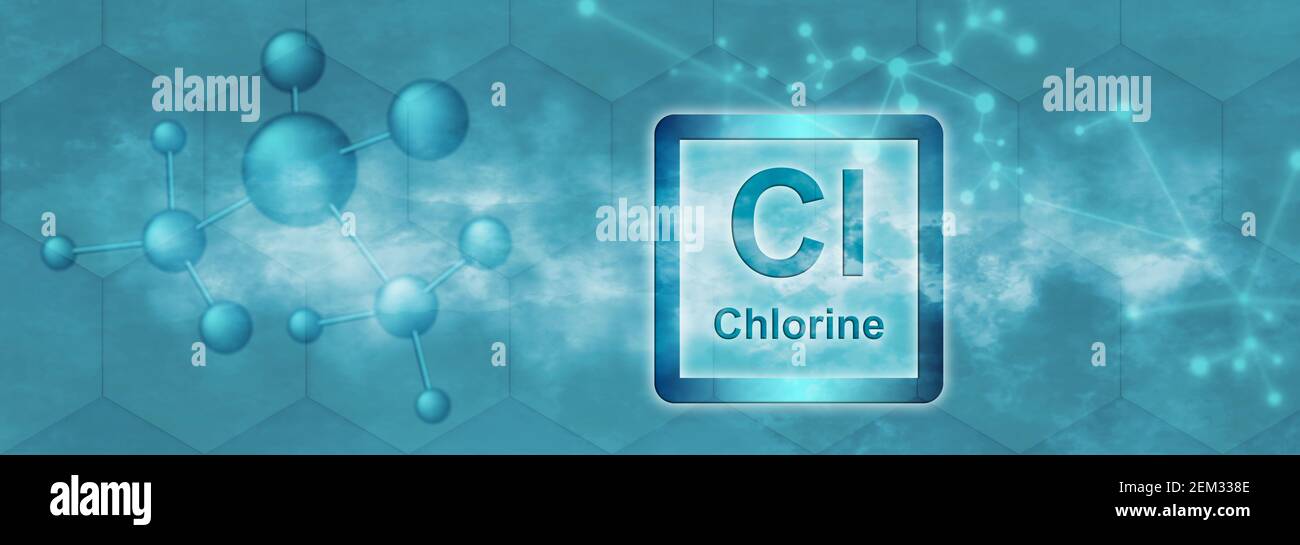 CL-Symbol. Chlor chemisches Element mit Molekül und Netzwerk auf blauem Hintergrund Stockfoto