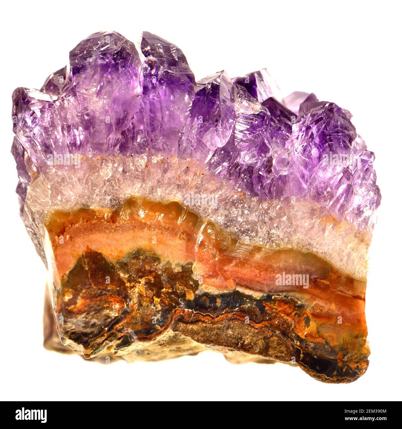 Amethyst-Kristalle (purpurner Quarz) auf einer Matrix aus Gesteinsschichten Stockfoto