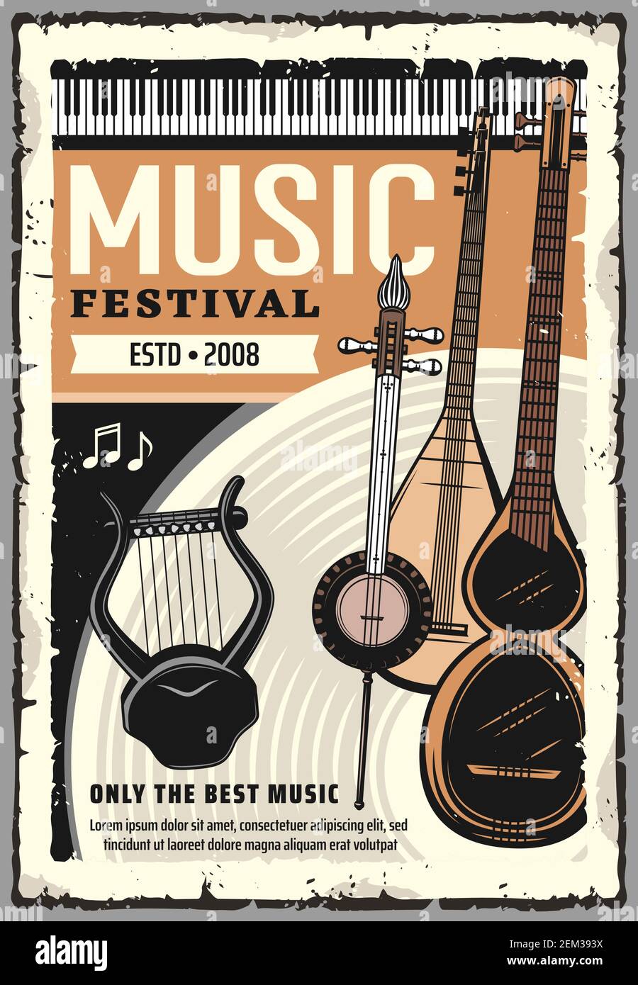 Live-Musik-Festival, Folk-Sound-Band Konzertsaal Performance Poster. Vector Musikinstrumente, Klavier Synthesizer, elektrische Harfe und Folk-Gitarren, Jap Stock Vektor