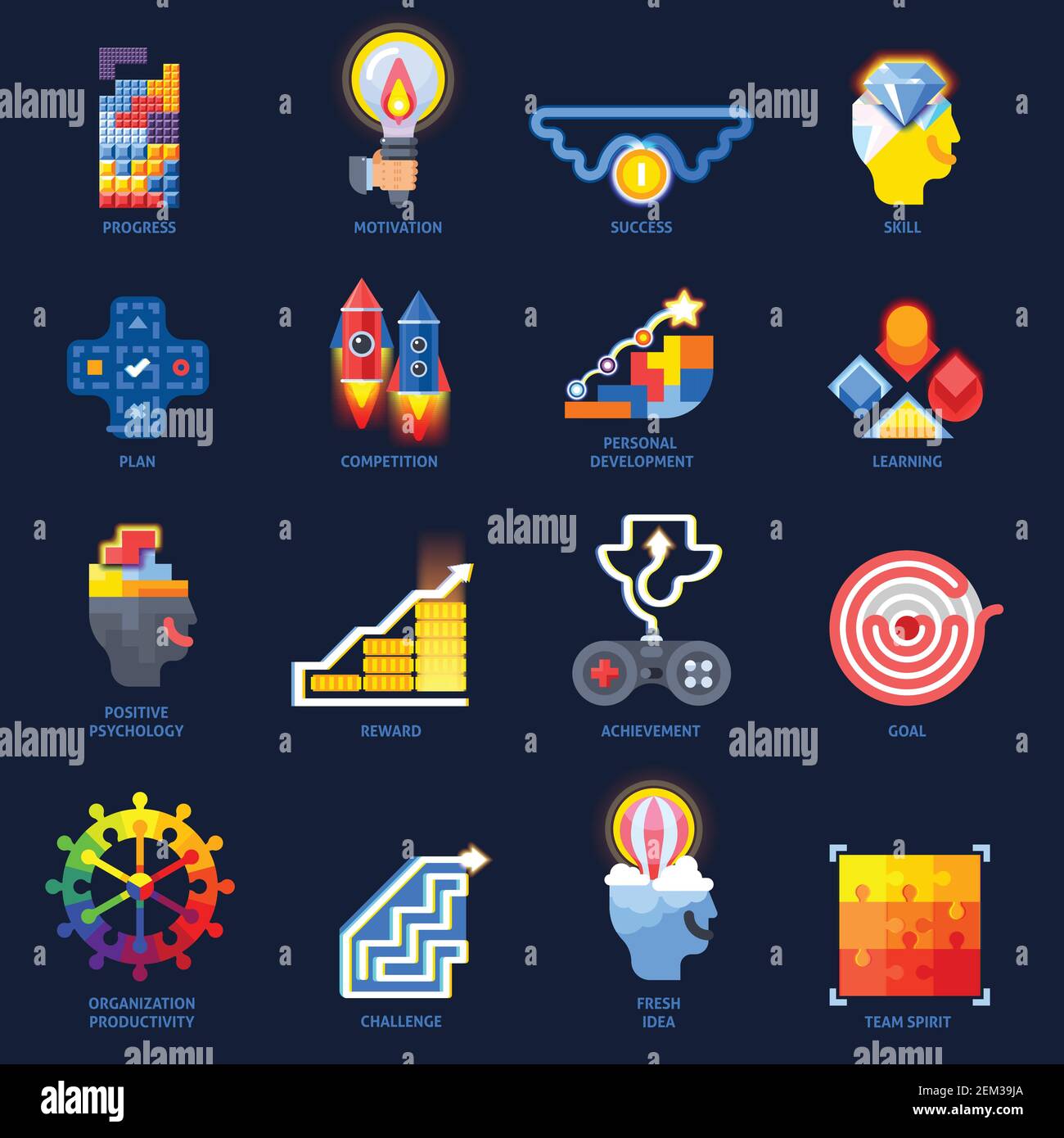 Gamification Motivationskonzept Bunte flache Icons Kollektion auf schwarzem Hintergrund Mit der Darstellung des Zielvektors des persönlichen Entwicklungsplans Stock Vektor