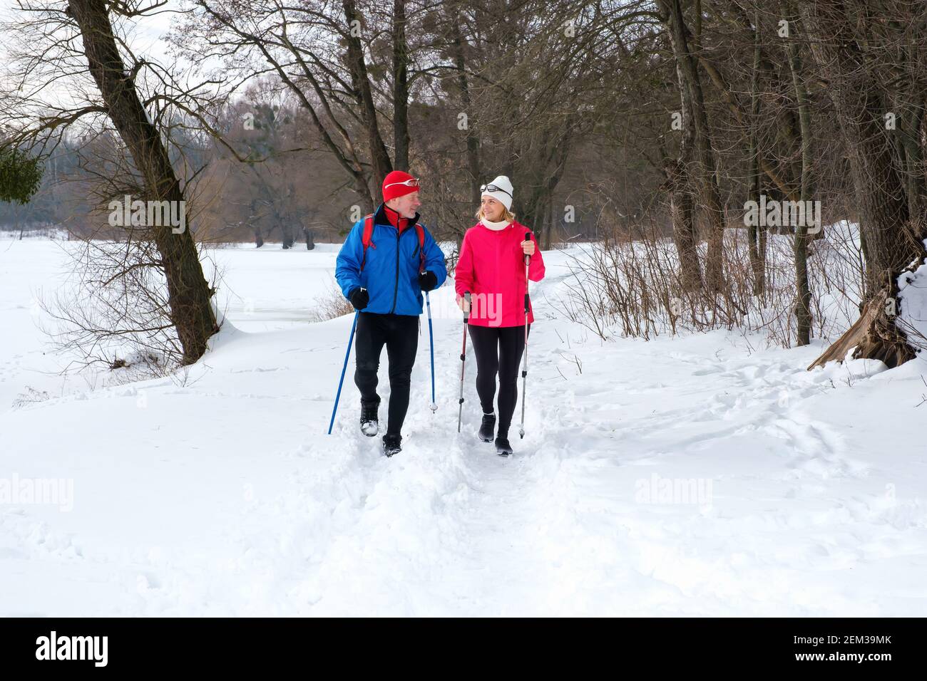 Senior Paar Walking mit nordic Walking Stöcken im verschneiten Winter Wald Stockfoto