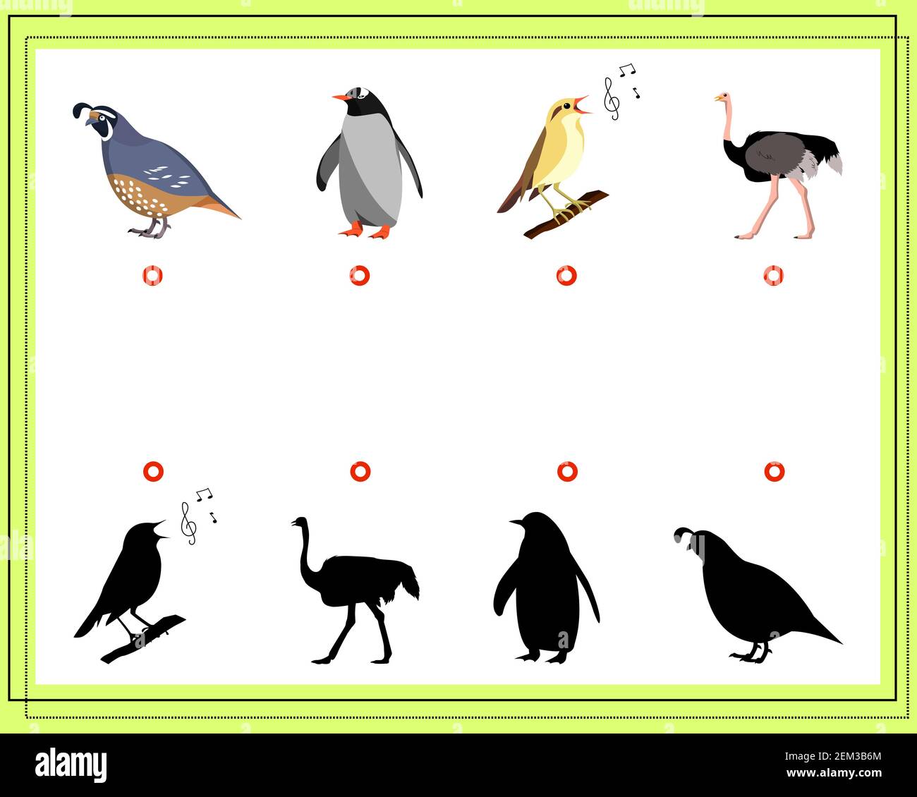 Spiel für Kinder finden den richtigen Schatten. Wählen Sie den richtigen Farbton für die Vögel Stock Vektor