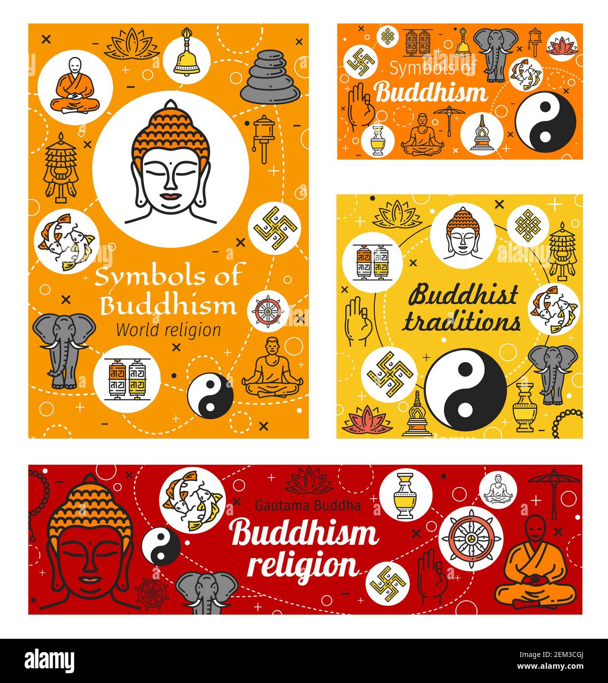 Buddhistische religiöse Anbetung, Buddhismus religiöse Symbole. Vektor-Meditation und Buddhismus Dharma-Lehre, weißer Elefant und Tempeltrommeln, Buddha-gott an Stock Vektor