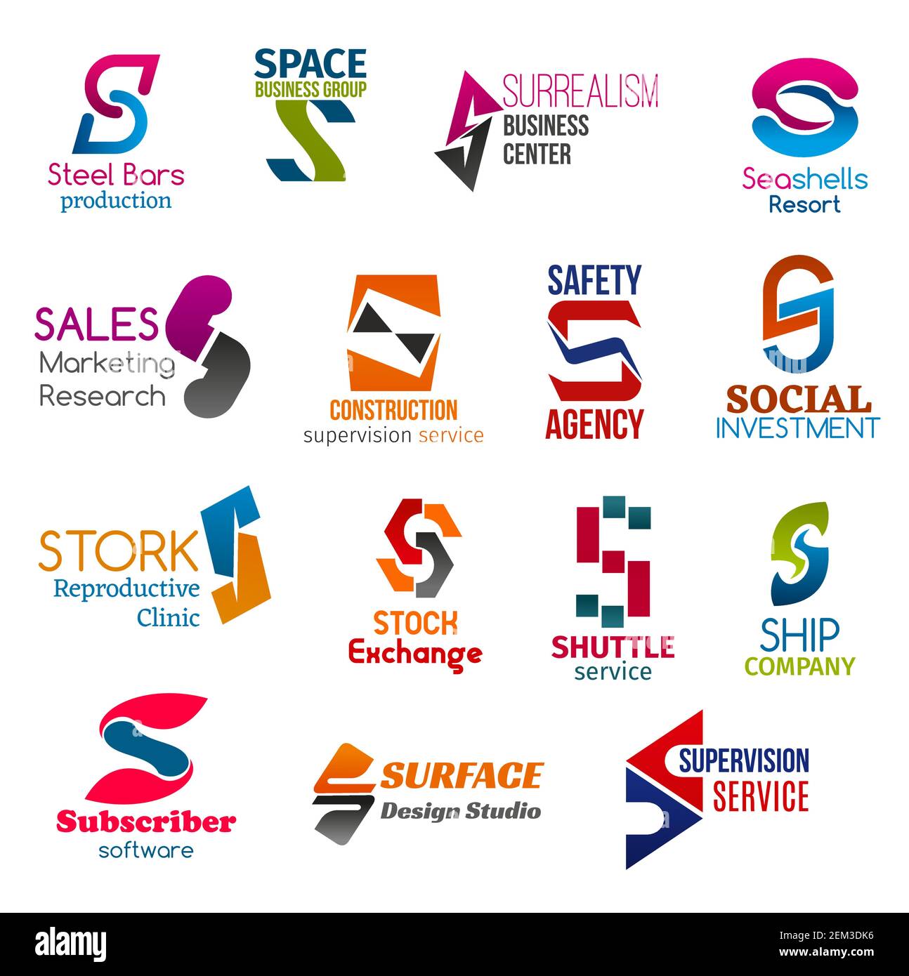 Corporate Identity Letter S Geschäftssymbole. Bau und Unternehmertum, Erholung, Aufsicht und Sicherheit, Finanzen, Medizin und Lager, Software A Stock Vektor