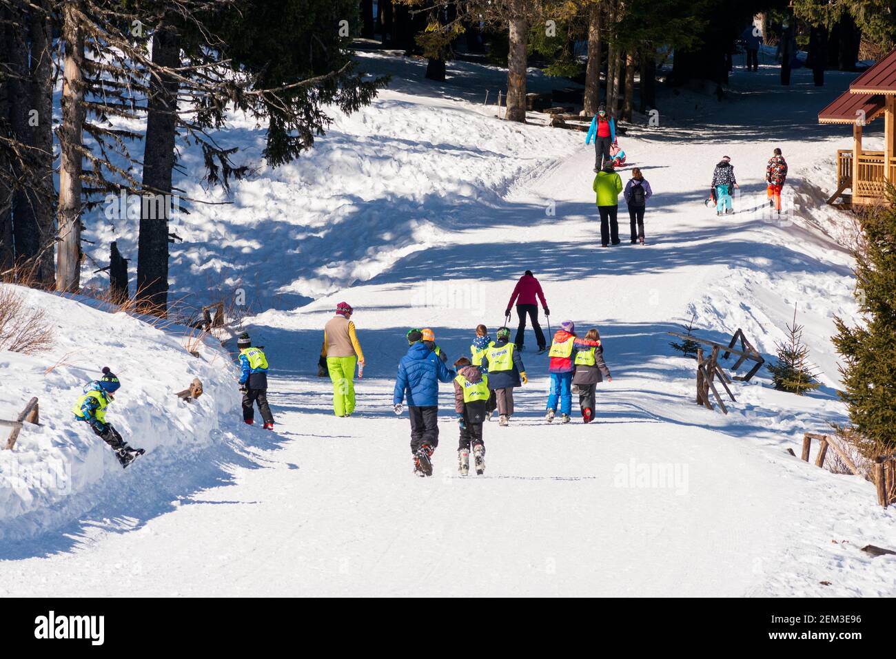 Menschen, die im sonnigen Winter auf dem Bergweg in Vitosha bei Sofia, Bulgarien, Osteuropa, EU wandern Stockfoto