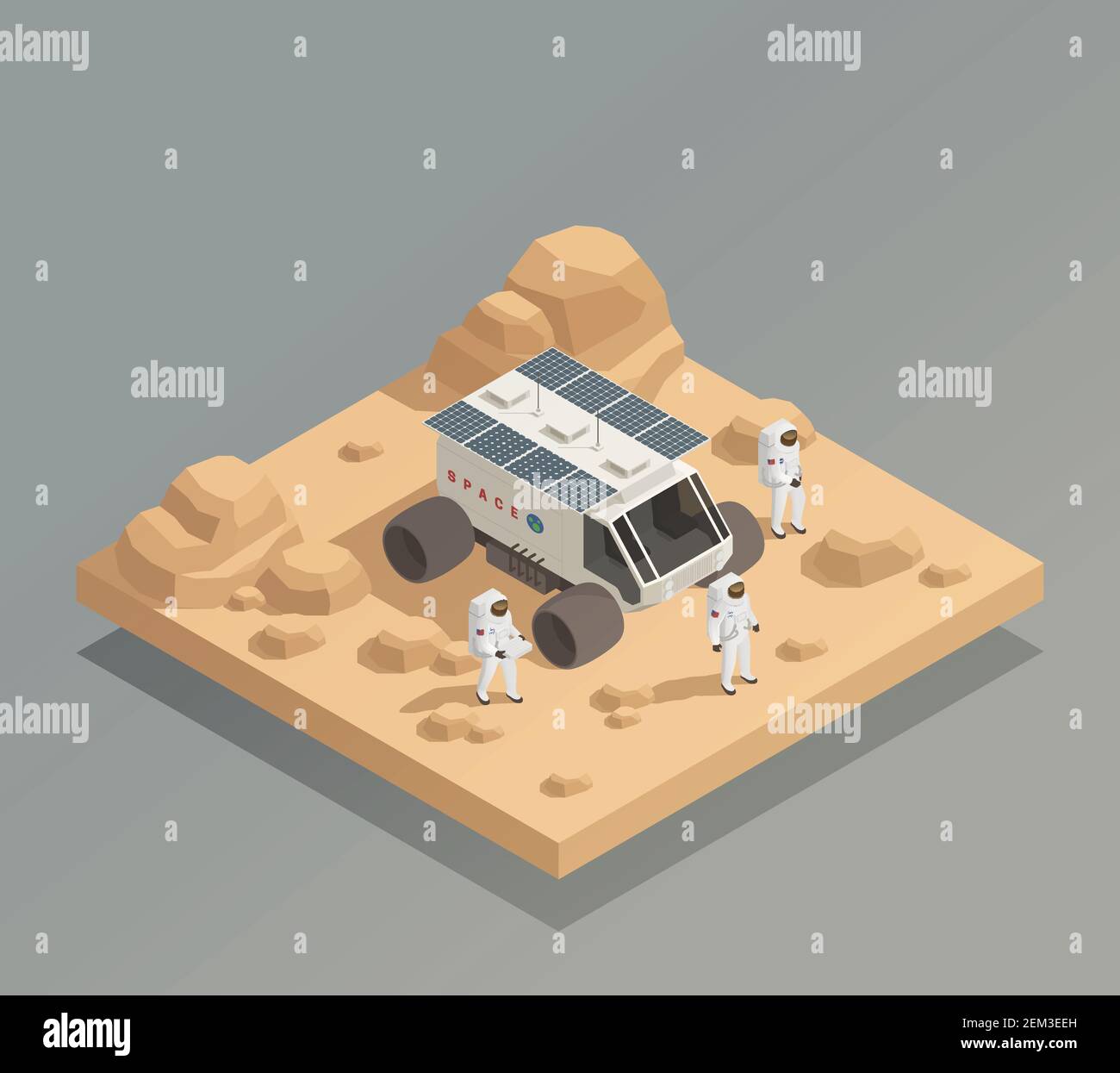 Space Exploration Vehicle isometrische Zusammensetzung mit planetarischen Rover und Raumfahrt Crew-Mitglieder Astronauten in Raumanzügen Vektor-Illustration Stock Vektor