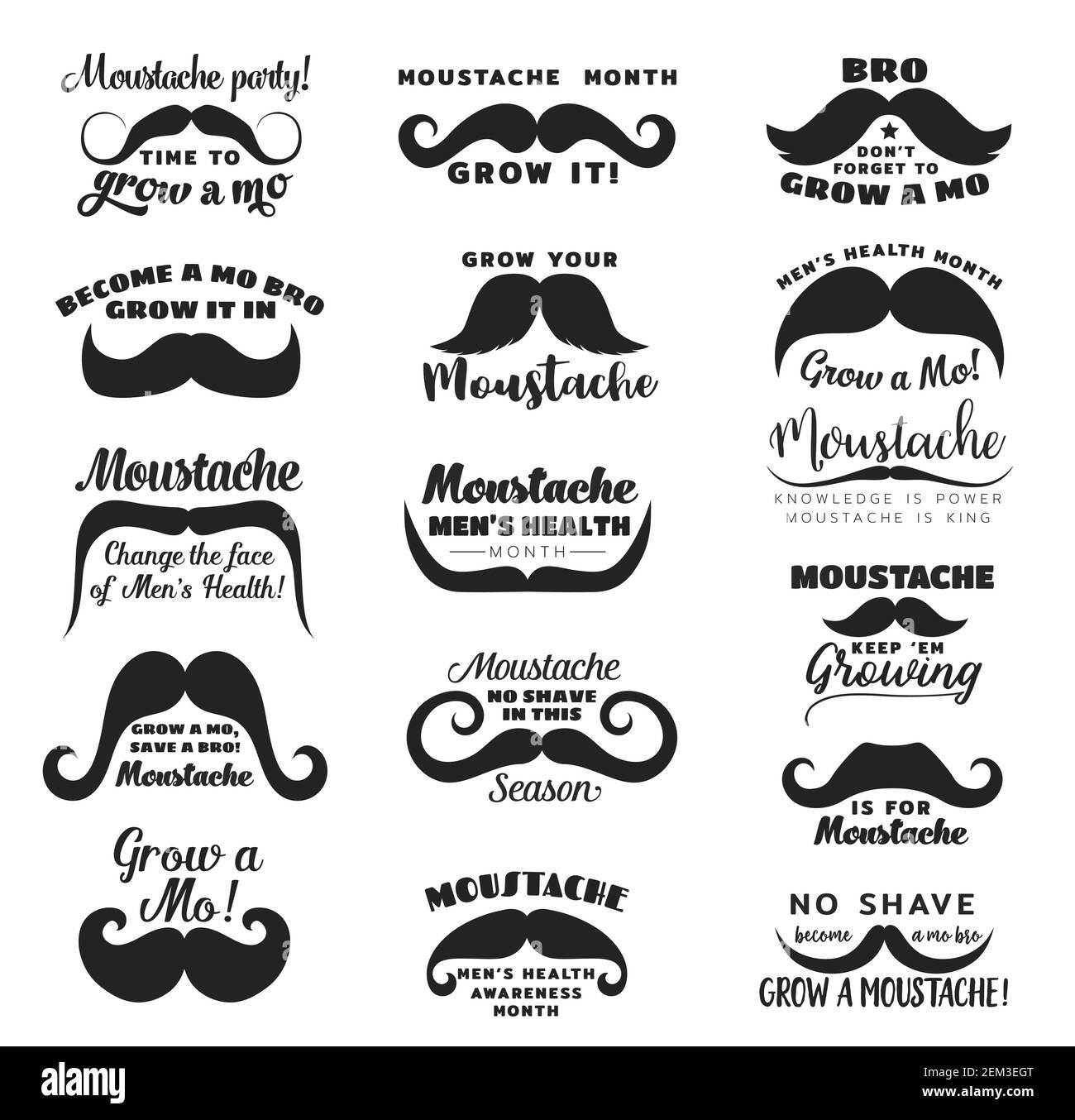 Schwarzer Schnurrbart oder Schnurrbart Vektor-Symbole mit Prostatakrebs Bewusstsein und Männer Gesundheit Monat im November Schriftzug Zitate. Männer Krankheit Prävention Lager Stock Vektor