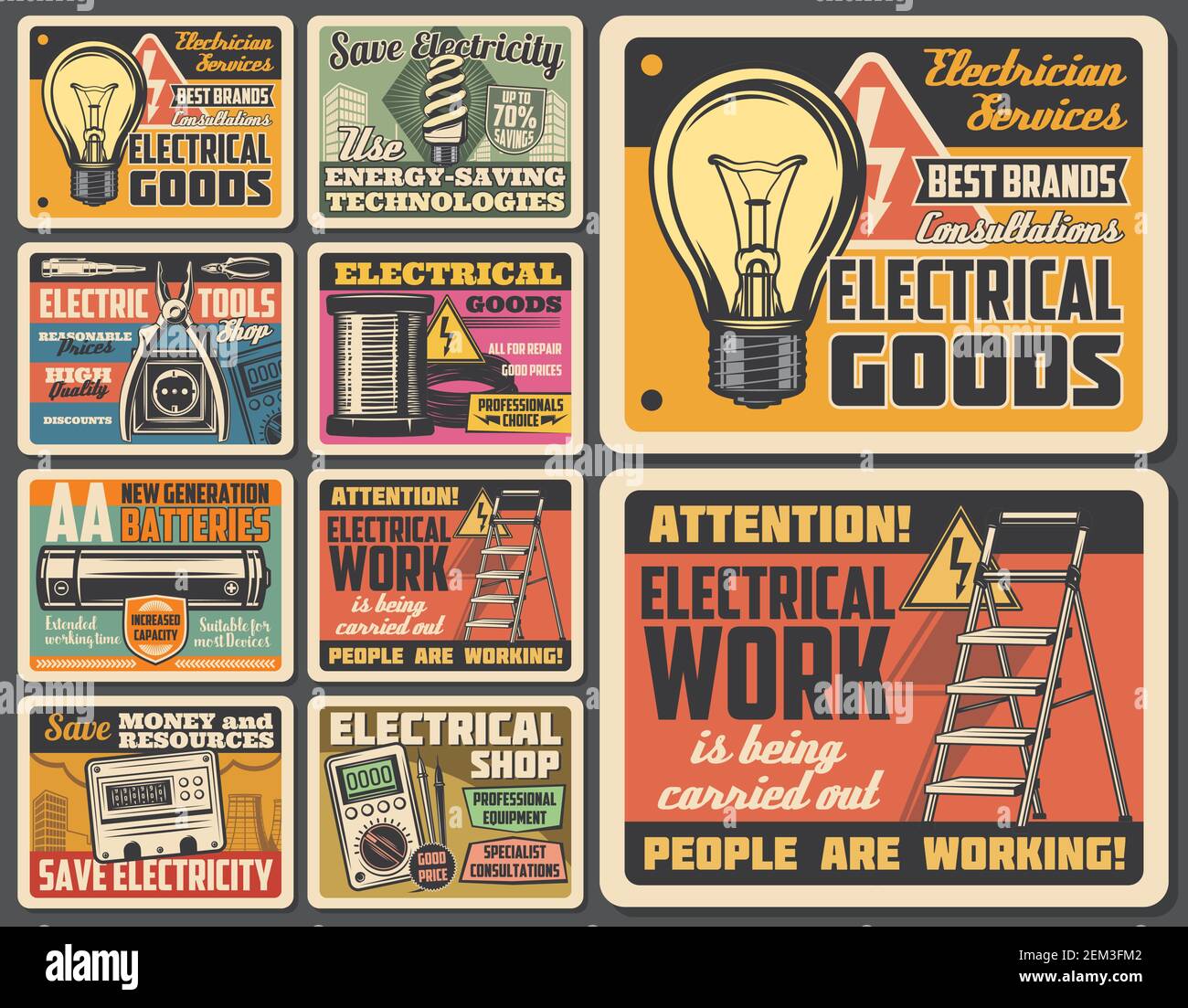 Elektriker arbeitet Service, Elektrowerkzeuge und Elektrogeräte Shop Vintage-Poster. Vector Strom Reparatur Service, Warnschild und Licht Bul Stock Vektor