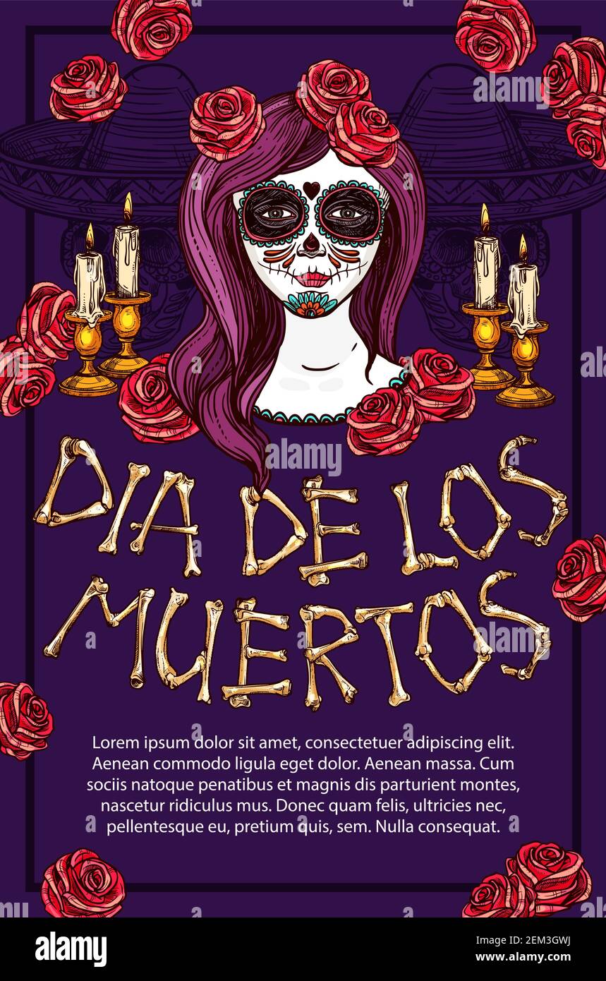 Dia de los Muertos Mexikanisches traditionelles Weihnachtsposter. Vektor Dia de Muertos Skelett Knochen Schriftzug, traditionelle Feier Symbol des Gesichts t Stock Vektor